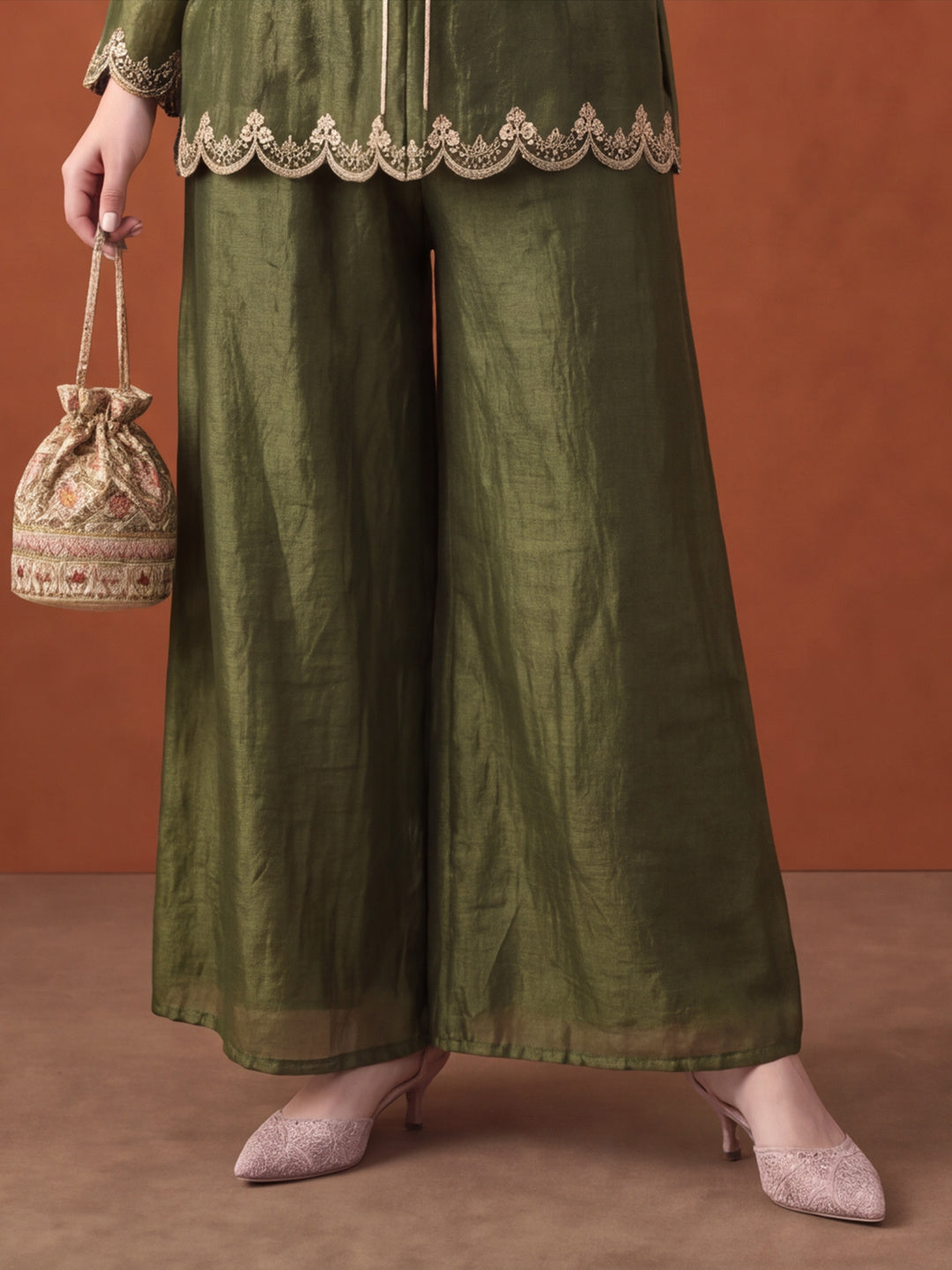 Women's Olive Green Embroidered Kurta Palazzo Set with Dupatta | Festive Ethnic Co-ord Suit