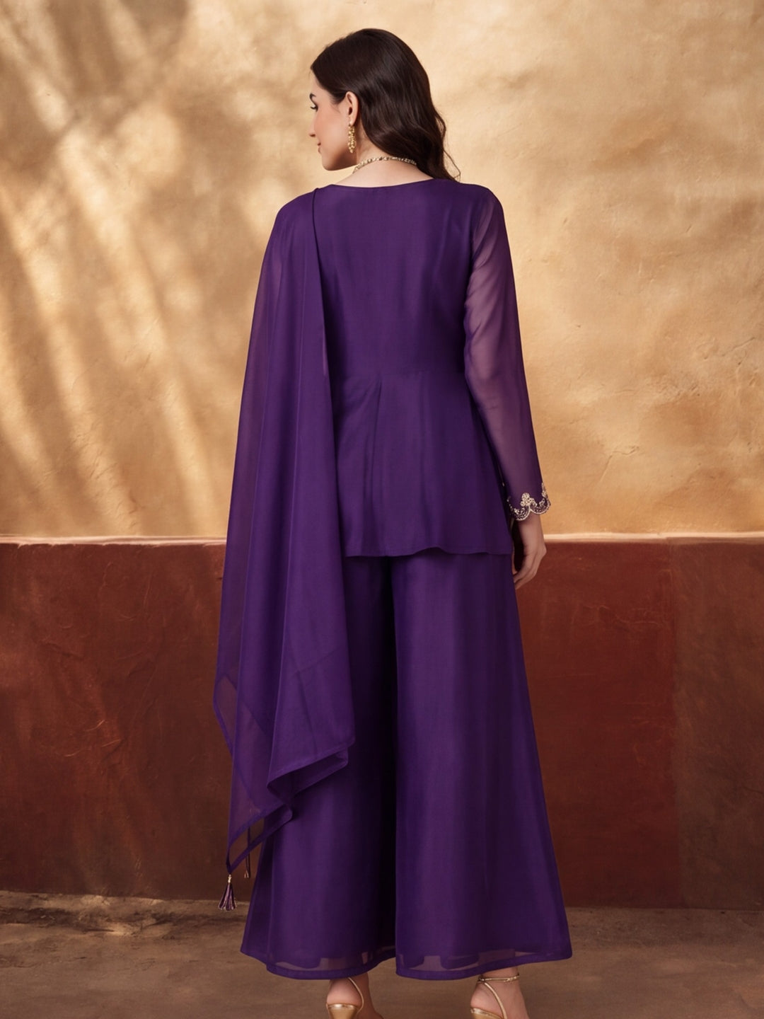 Women's Purple Embroidered Kurta Palazzo Set with Dupatta | Festive Ethnic Co-ord Suit