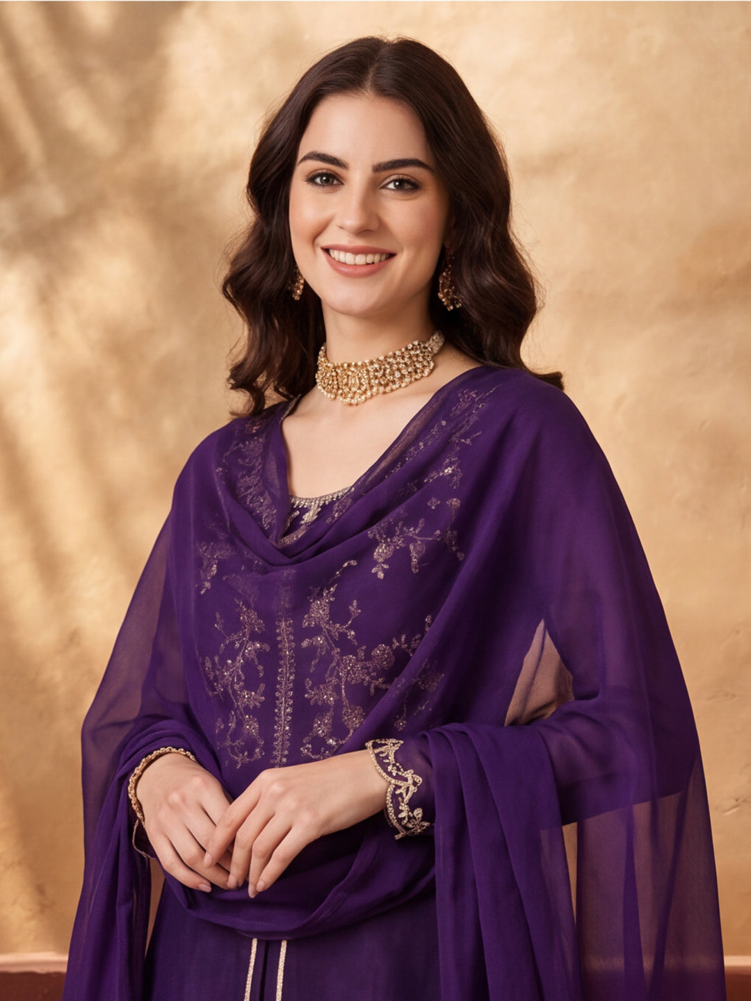 Women's Purple Embroidered Kurta Palazzo Set with Dupatta | Festive Ethnic Co-ord Suit