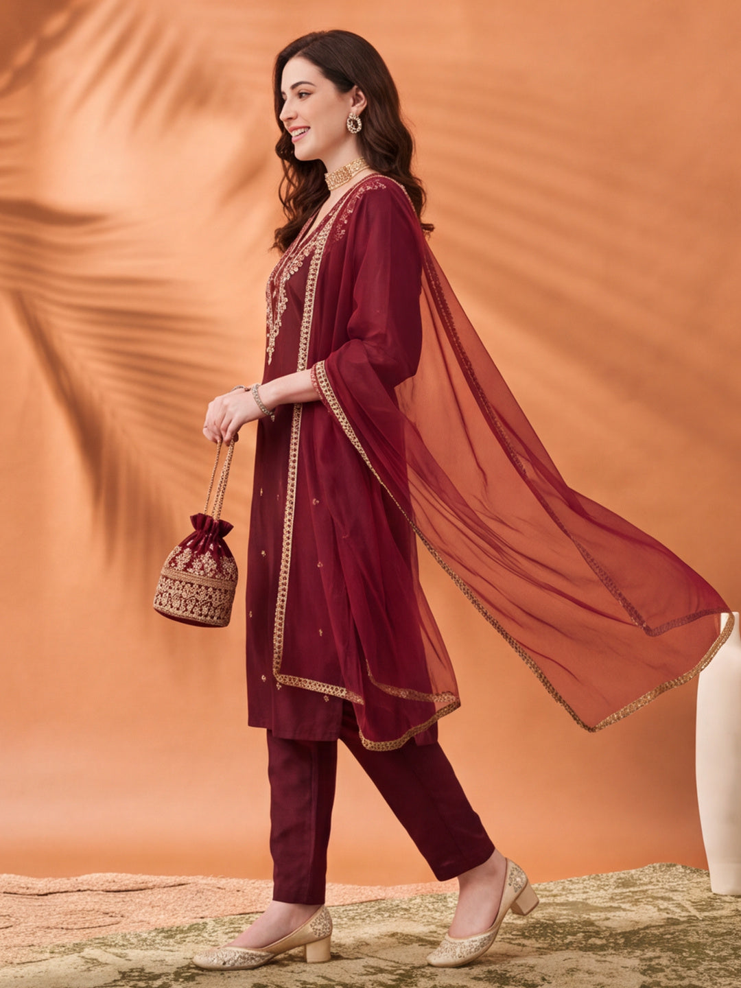 Women's Maroon Embroidered Kurta Set with Dupatta | Festive Straight Ethnic Suit