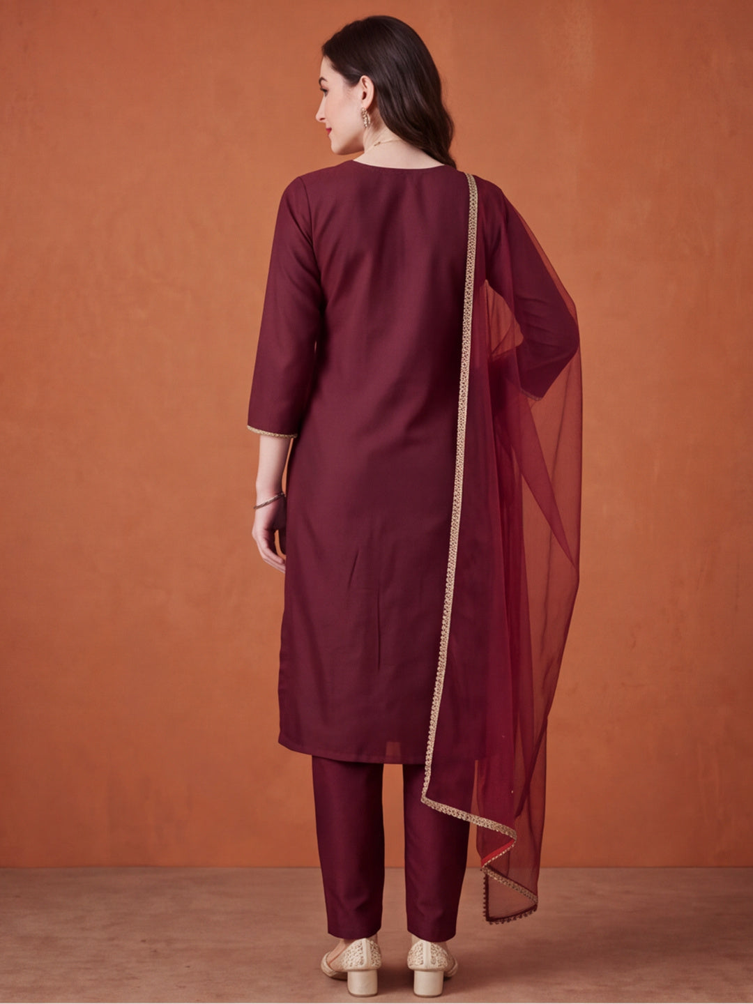 Women's Maroon Embroidered Kurta Set with Dupatta | Festive Straight Ethnic Suit