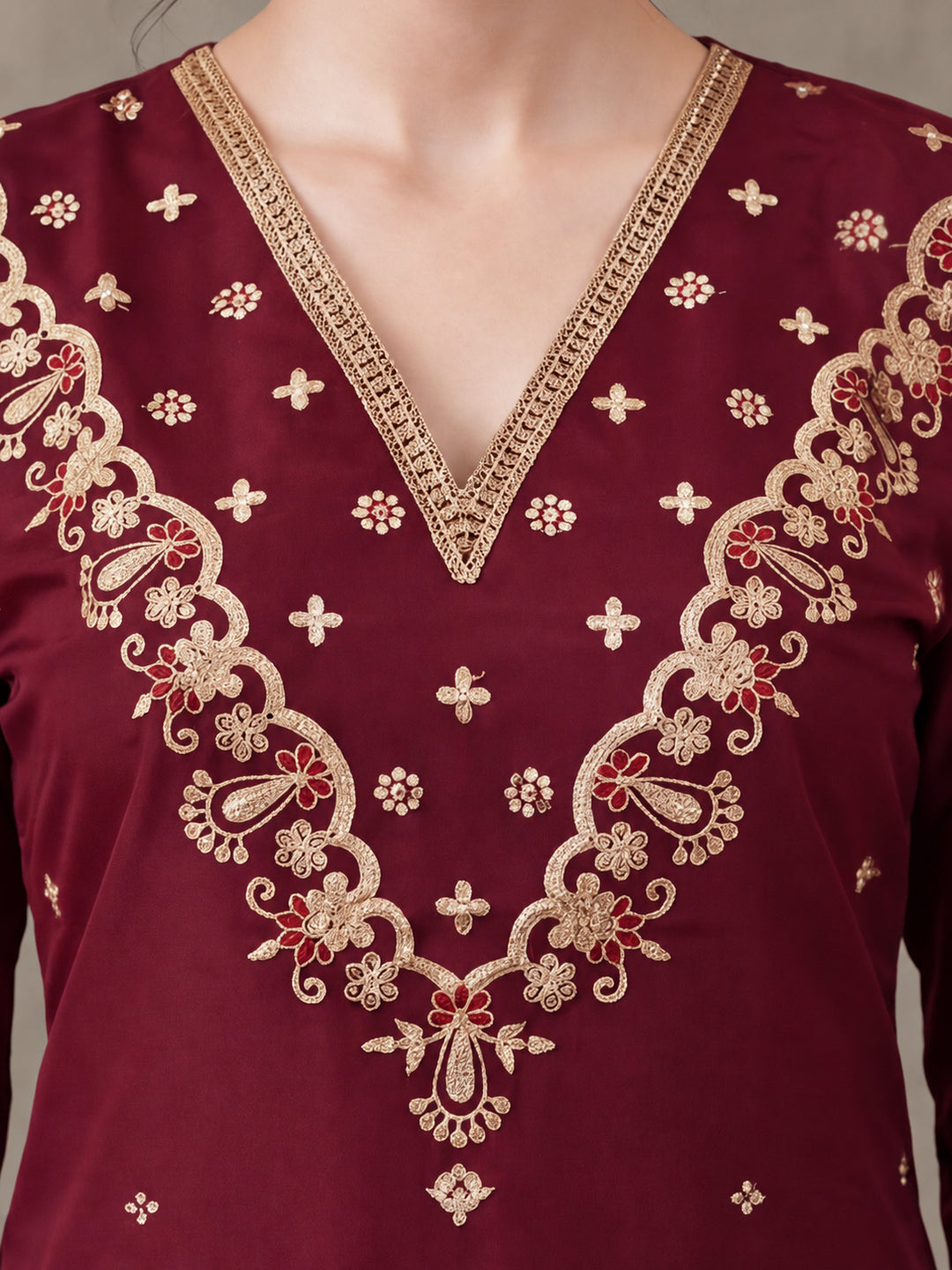 Women's Maroon Embroidered Kurta Set with Dupatta | Festive Straight Ethnic Suit