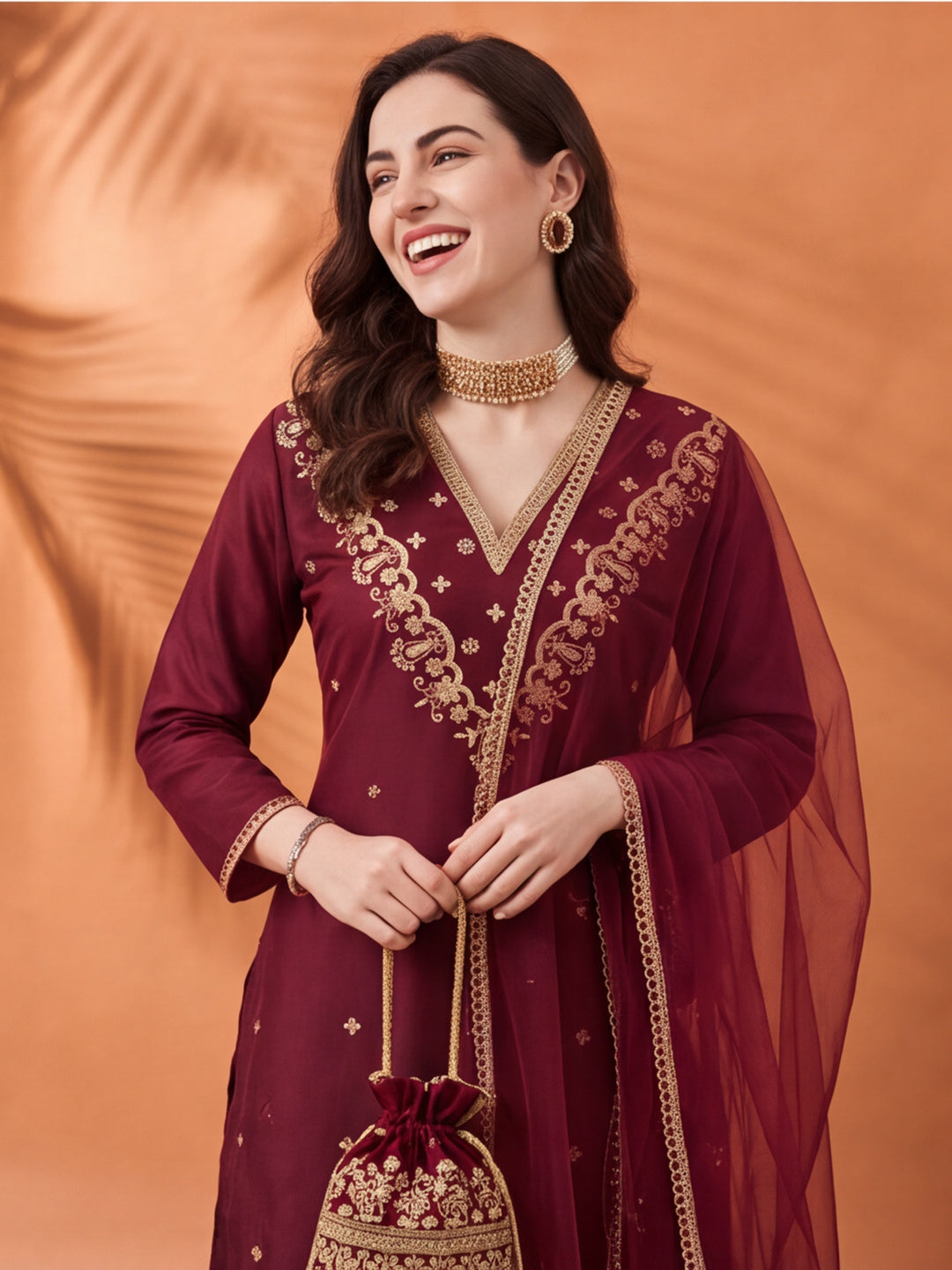 Women's Maroon Embroidered Kurta Set with Dupatta | Festive Straight Ethnic Suit