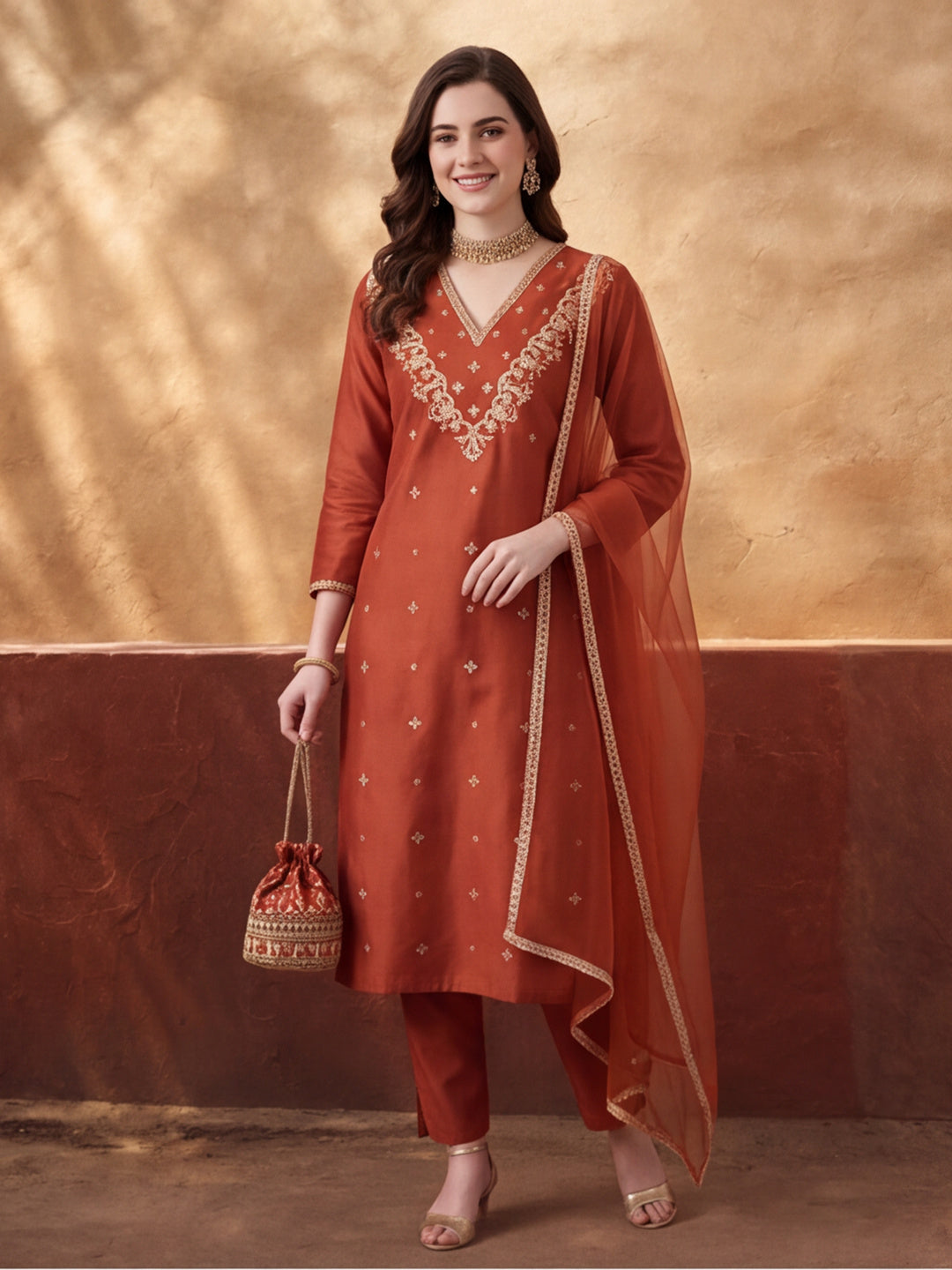 Women's Rust Embroidered Kurta Set with Dupatta | Festive Straight Ethnic Suit