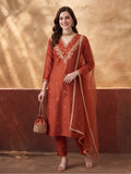 Women's Rust Embroidered Kurta Set with Dupatta | Festive Straight Ethnic Suit