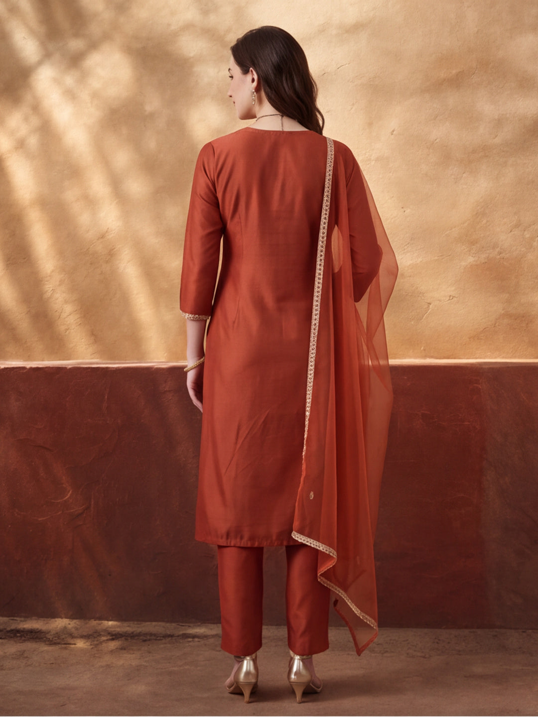 Women's Rust Embroidered Kurta Set with Dupatta | Festive Straight Ethnic Suit