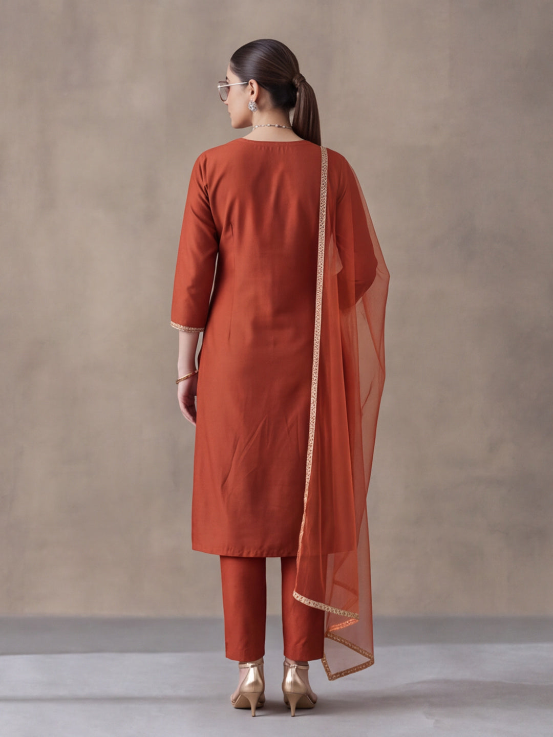 Women's Rust Embroidered Kurta Set with Dupatta | Festive Straight Ethnic Suit