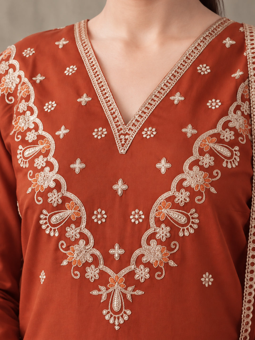 Women's Rust Embroidered Kurta Set with Dupatta | Festive Straight Ethnic Suit