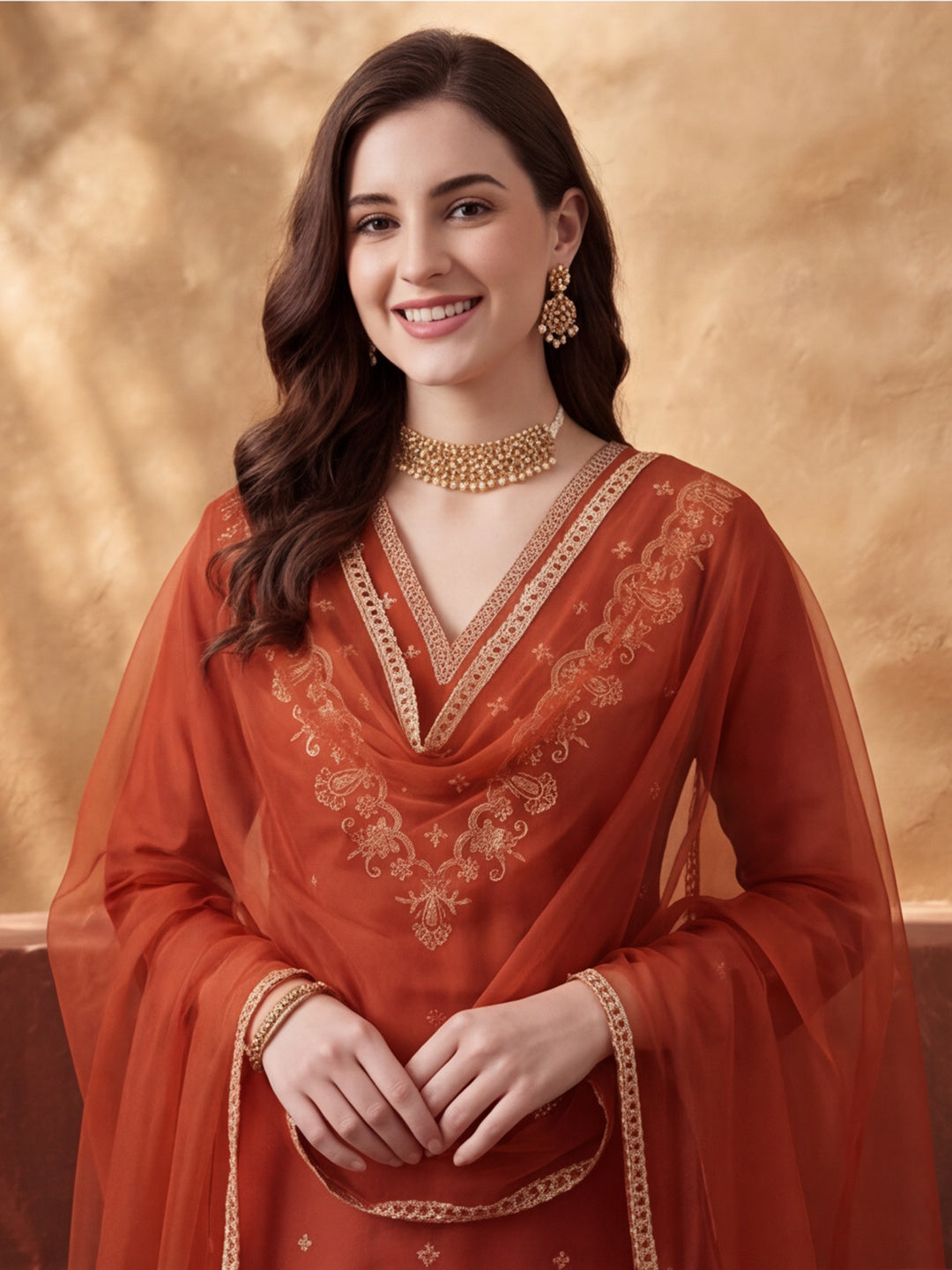 Women's Rust Embroidered Kurta Set with Dupatta | Festive Straight Ethnic Suit