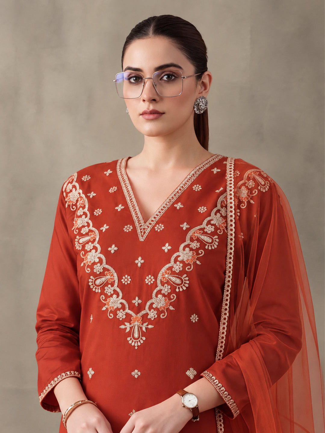 Women's Rust Embroidered Kurta Set with Dupatta | Festive Straight Ethnic Suit