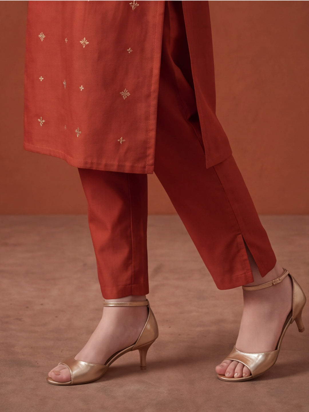 Women's Rust Embroidered Kurta Set with Dupatta | Festive Straight Ethnic Suit