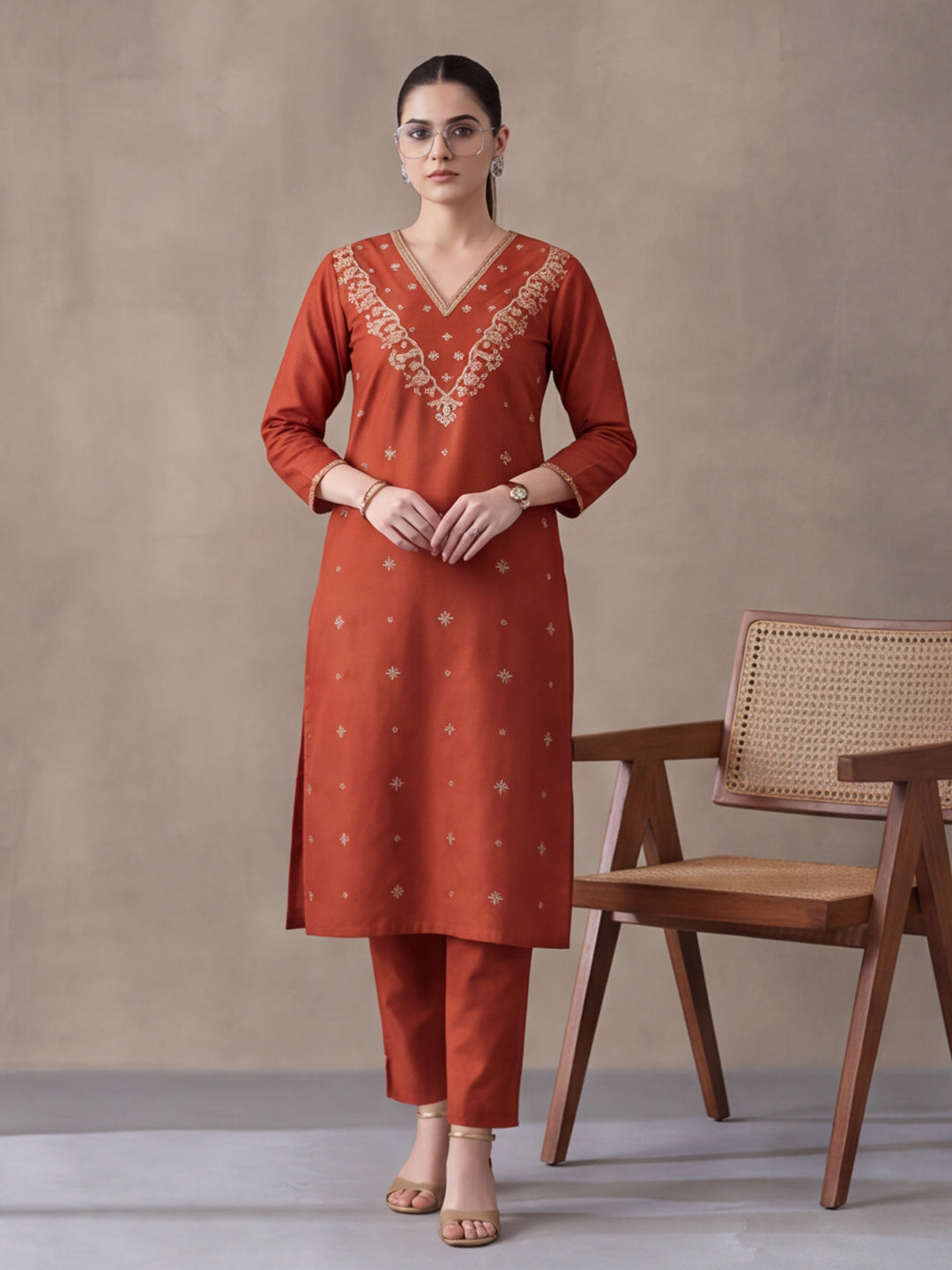 Women's Rust Embroidered Kurta Set with Dupatta | Festive Straight Ethnic Suit