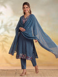 Women Floral Embroidery Grey Kurta Set with Dupatta