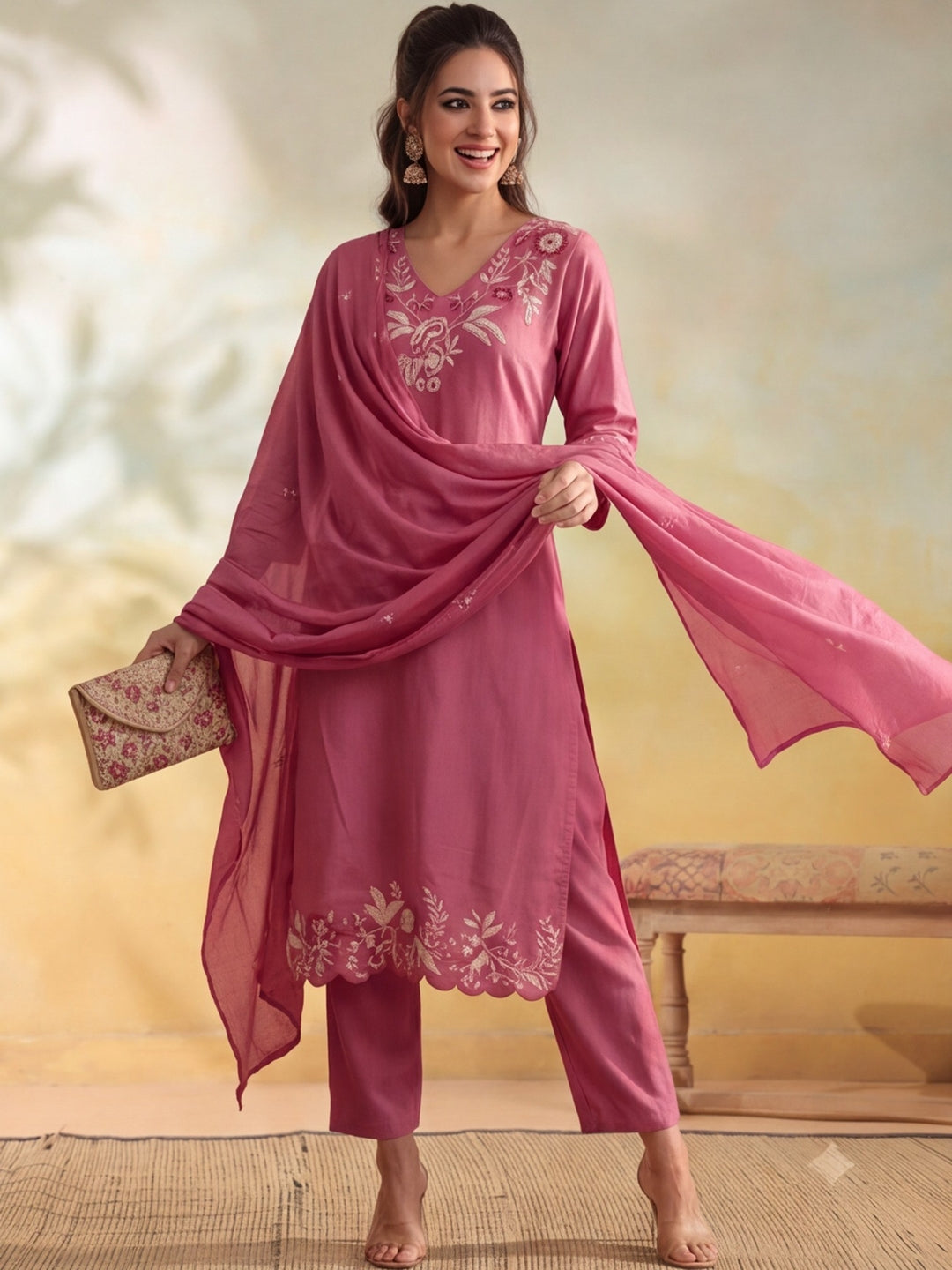 Women Floral Embroidery Pink Kurta Set with Dupatta