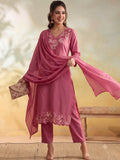 Women Floral Embroidery Pink Kurta Set with Dupatta