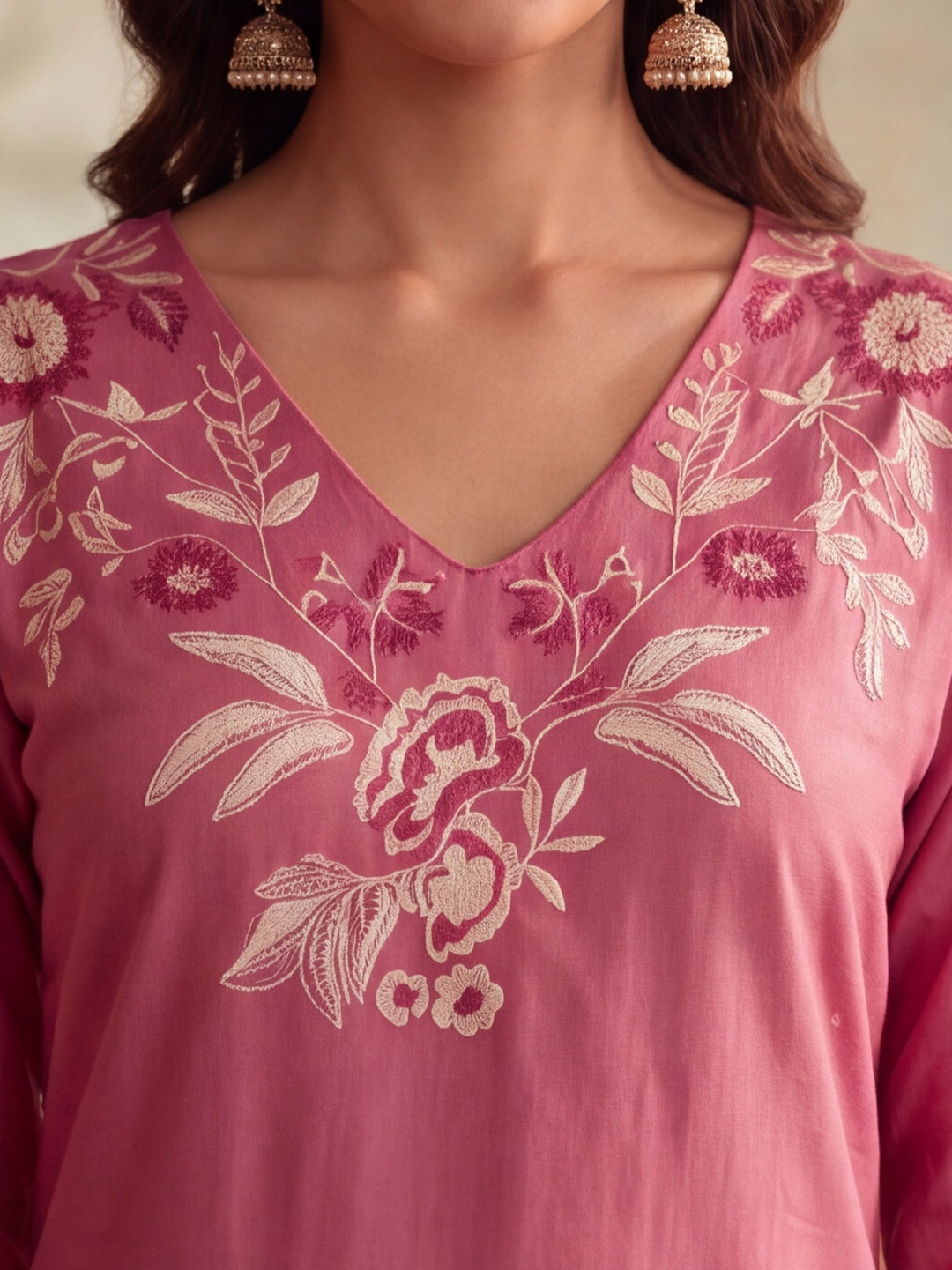 Women Floral Embroidery Pink Kurta Set with Dupatta