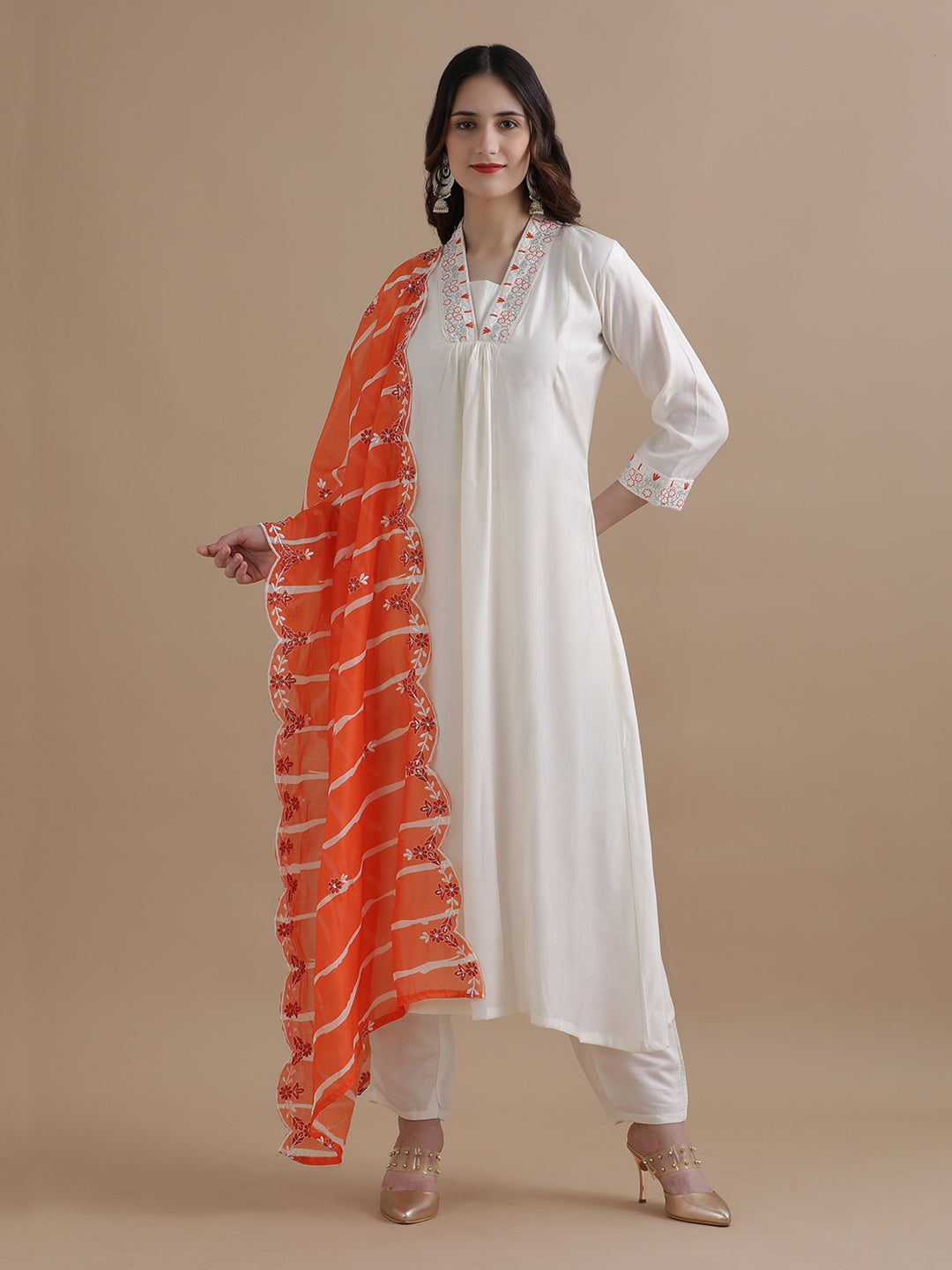 Embroidered Chanderi Cotton Ethnic Motifs Kurta Sets With Dupatta