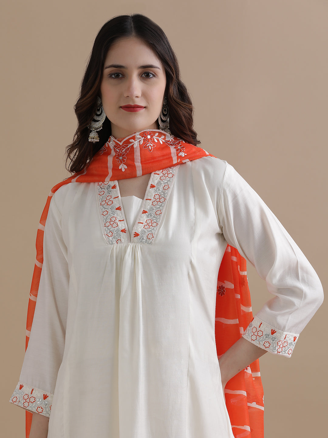 Embroidered Chanderi Cotton Ethnic Motifs Kurta Sets With Dupatta