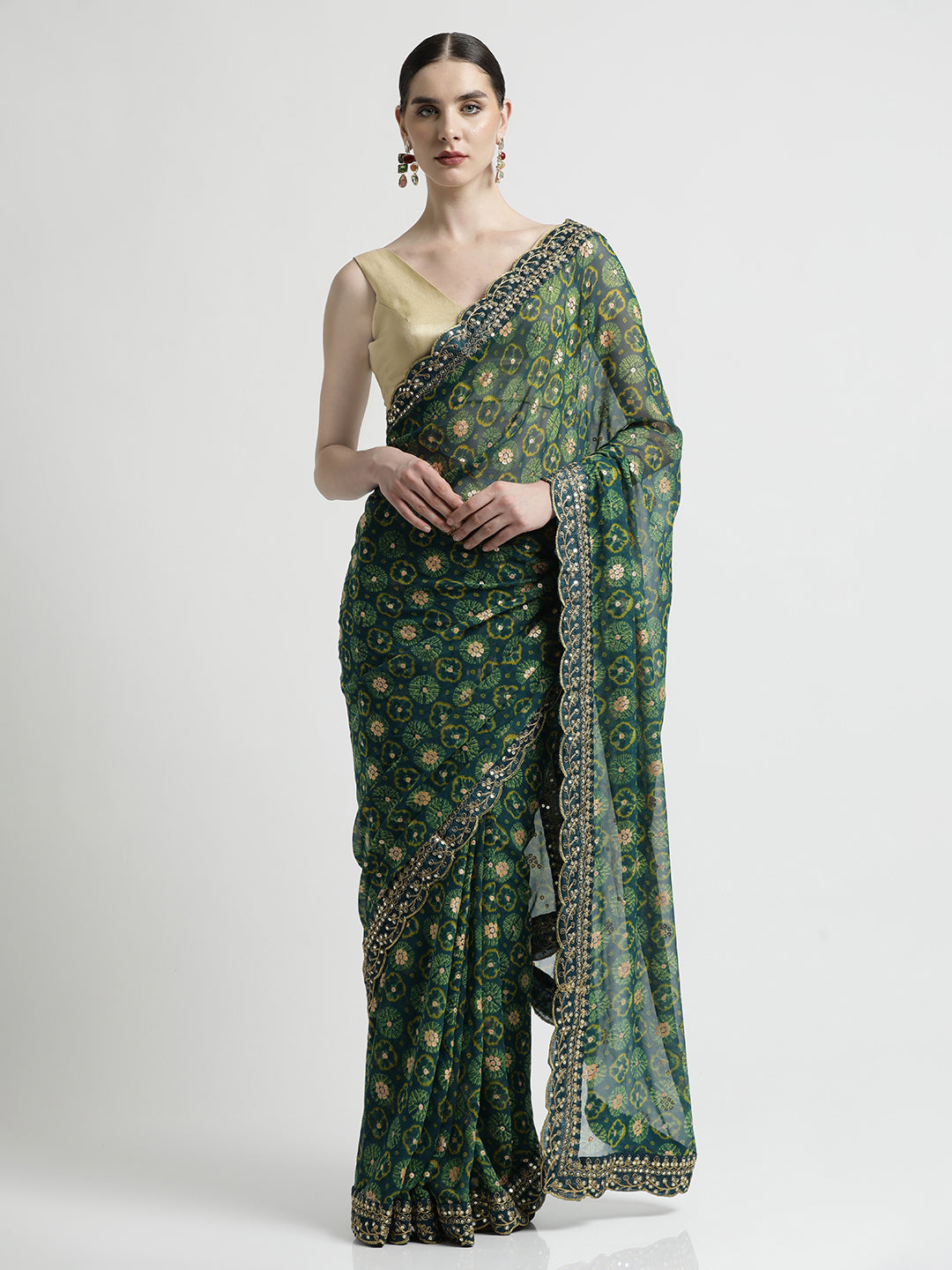 Teal Foil Printed Embroidered Pure Georgette Saree