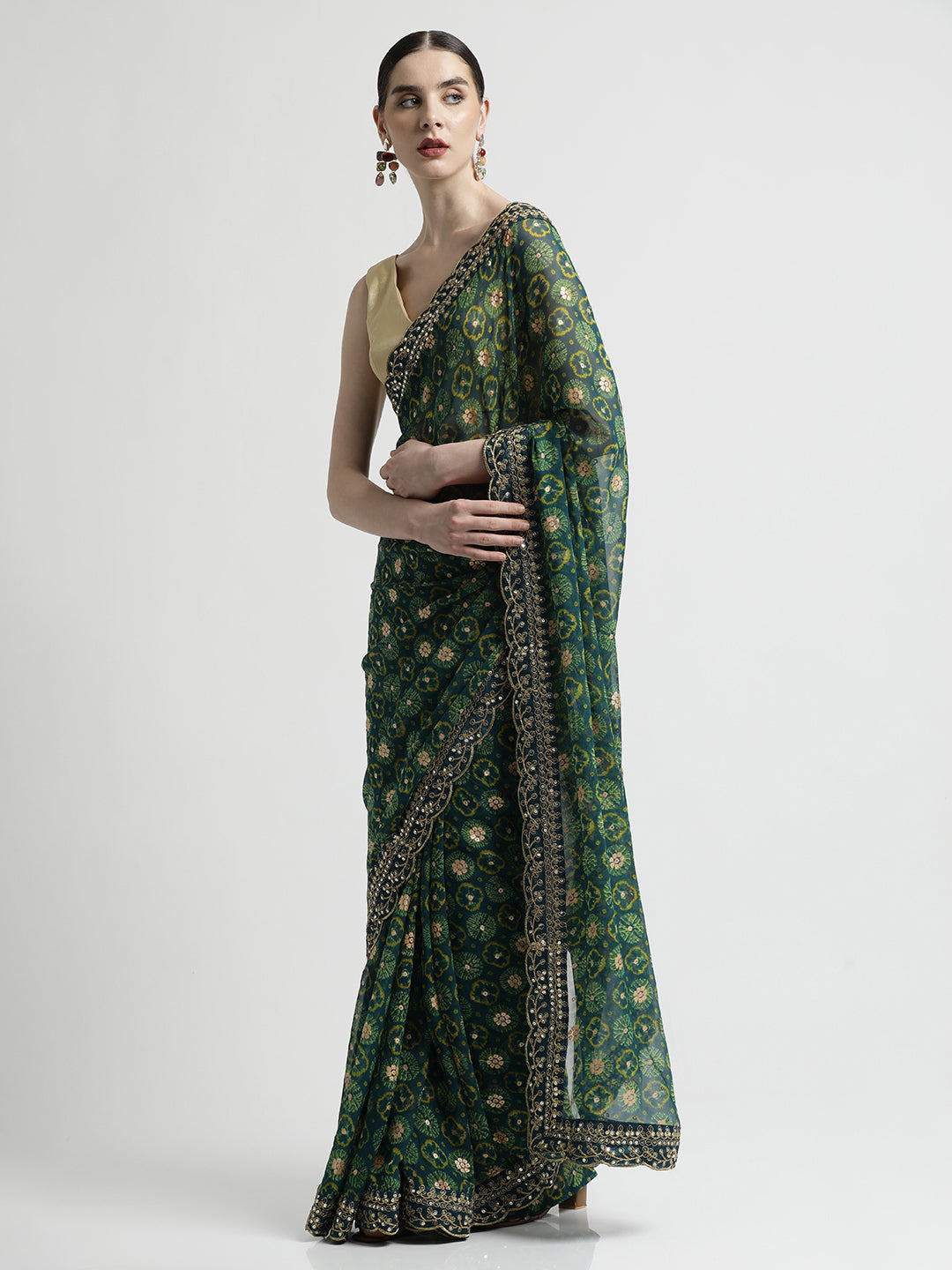 Teal Foil Printed Embroidered Pure Georgette Saree