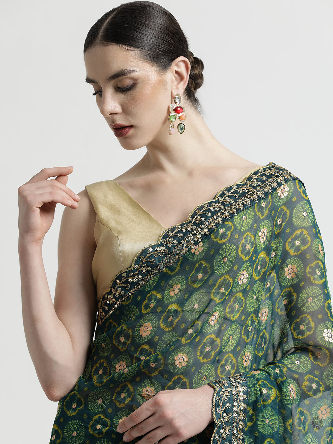 Teal Foil Printed Embroidered Pure Georgette Saree