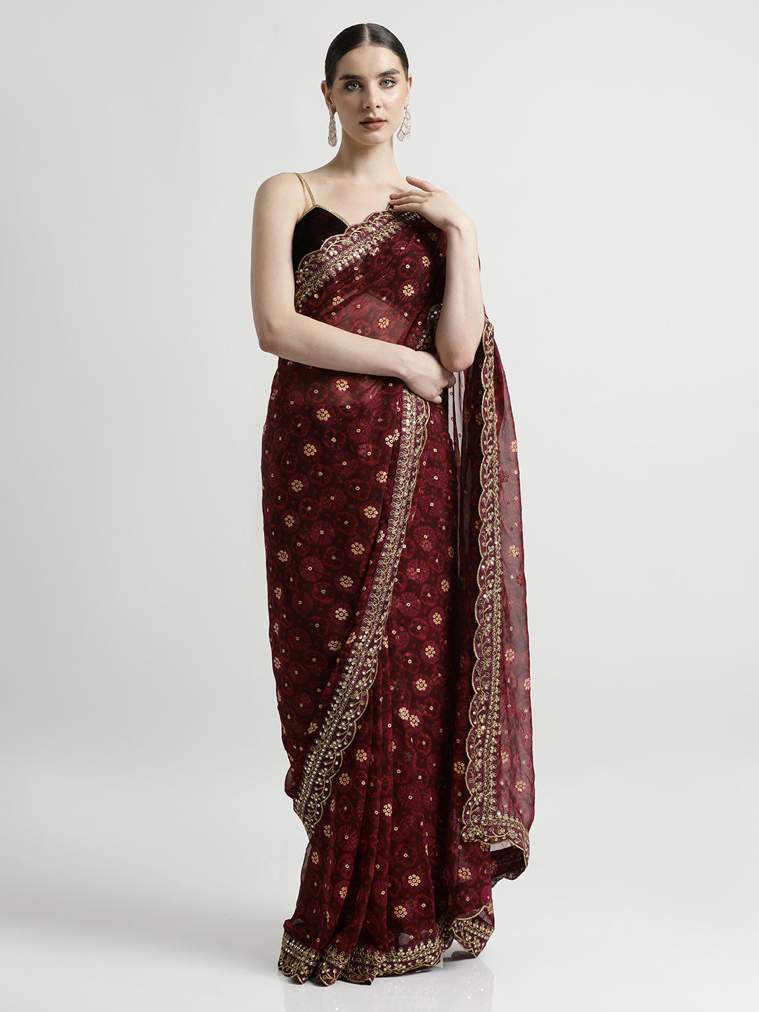 Wine Foil Printed Embroidered Pure Georgette Saree