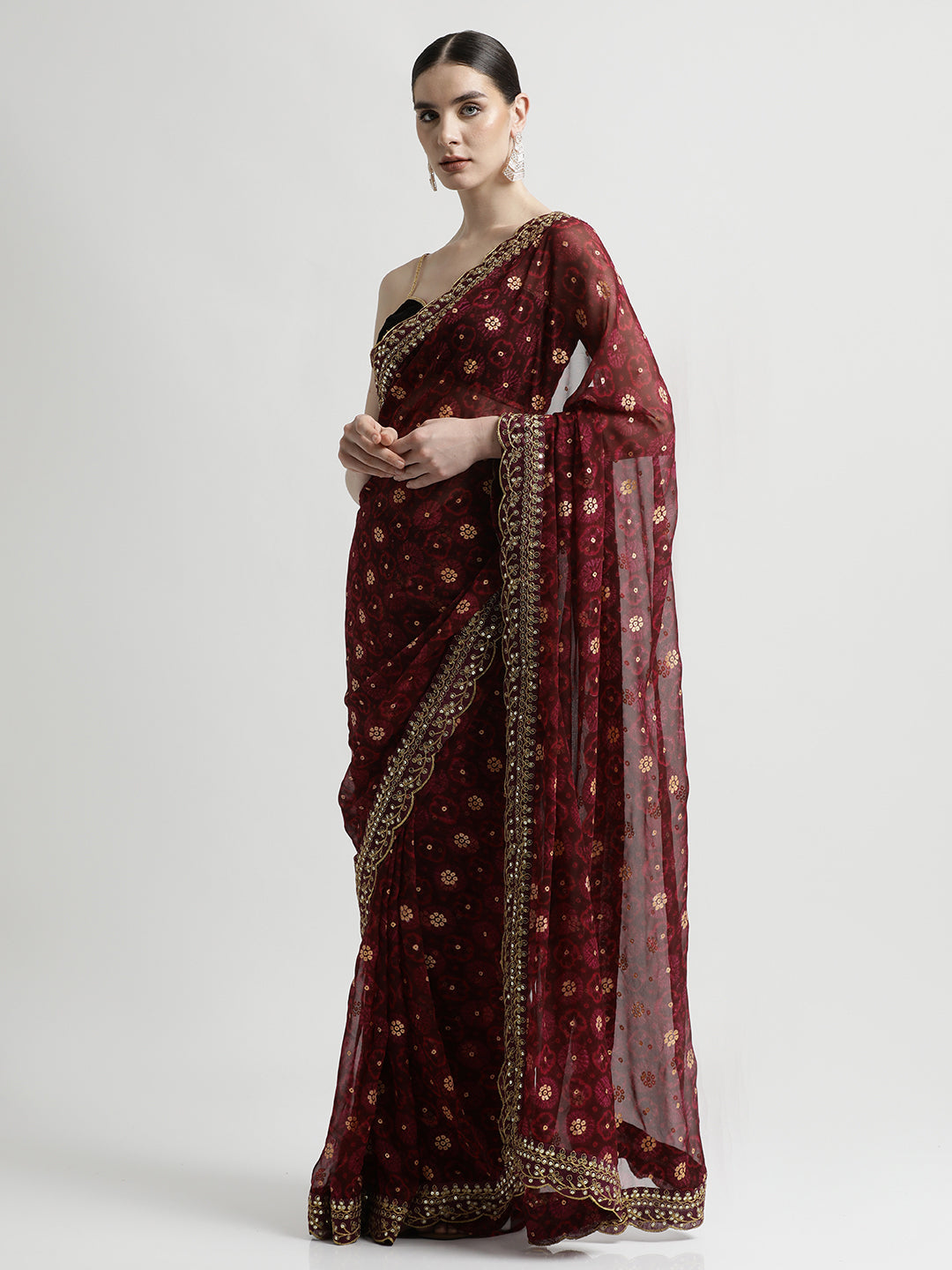 Wine Foil Printed Embroidered Pure Georgette Saree