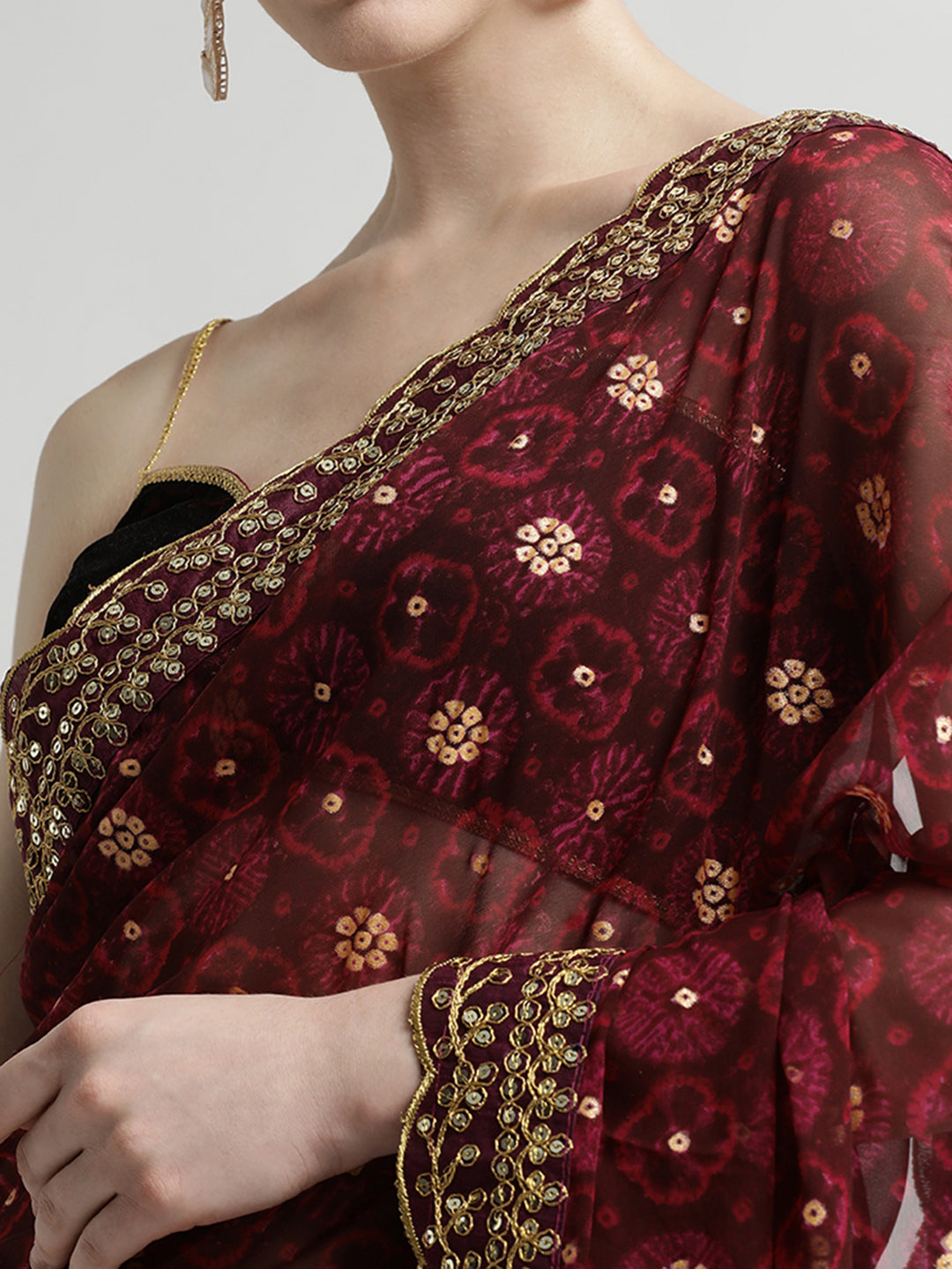 Wine Foil Printed Embroidered Pure Georgette Saree