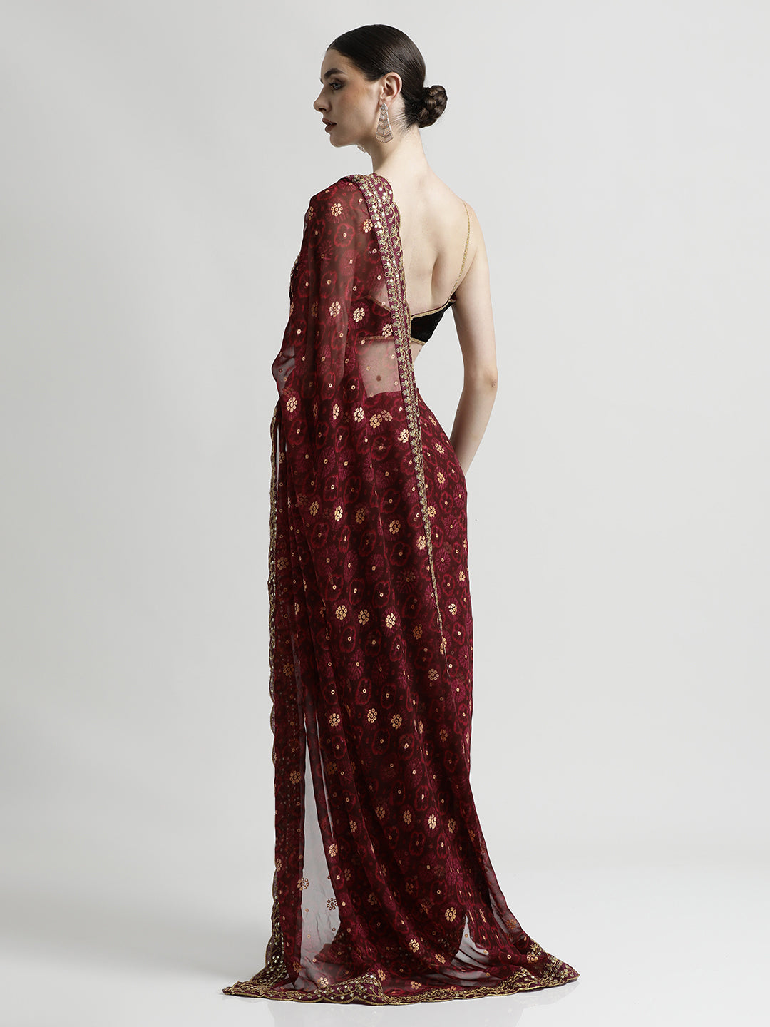 Wine Foil Printed Embroidered Pure Georgette Saree