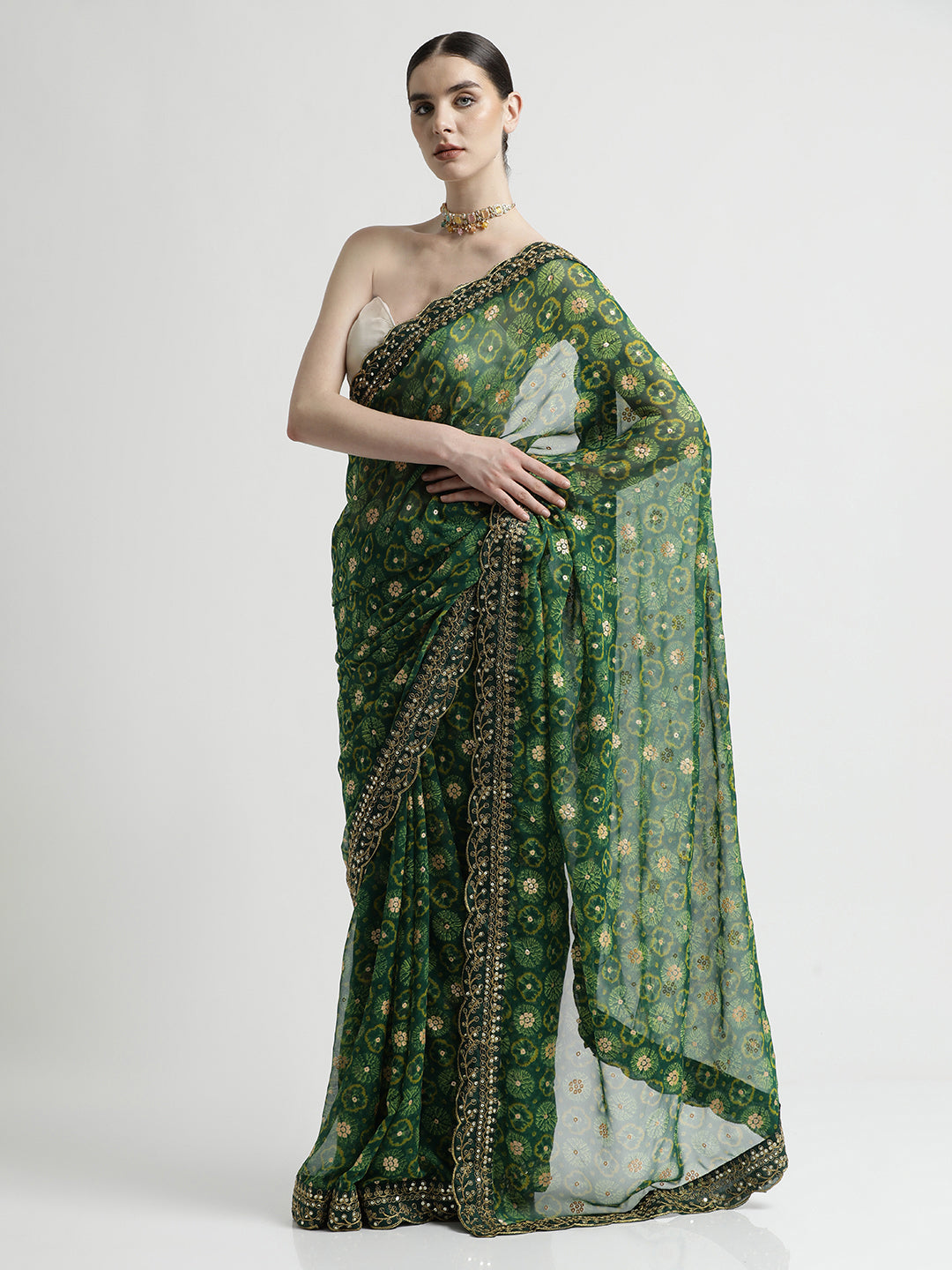 Green Foil Printed Embroidered Pure Georgette Saree