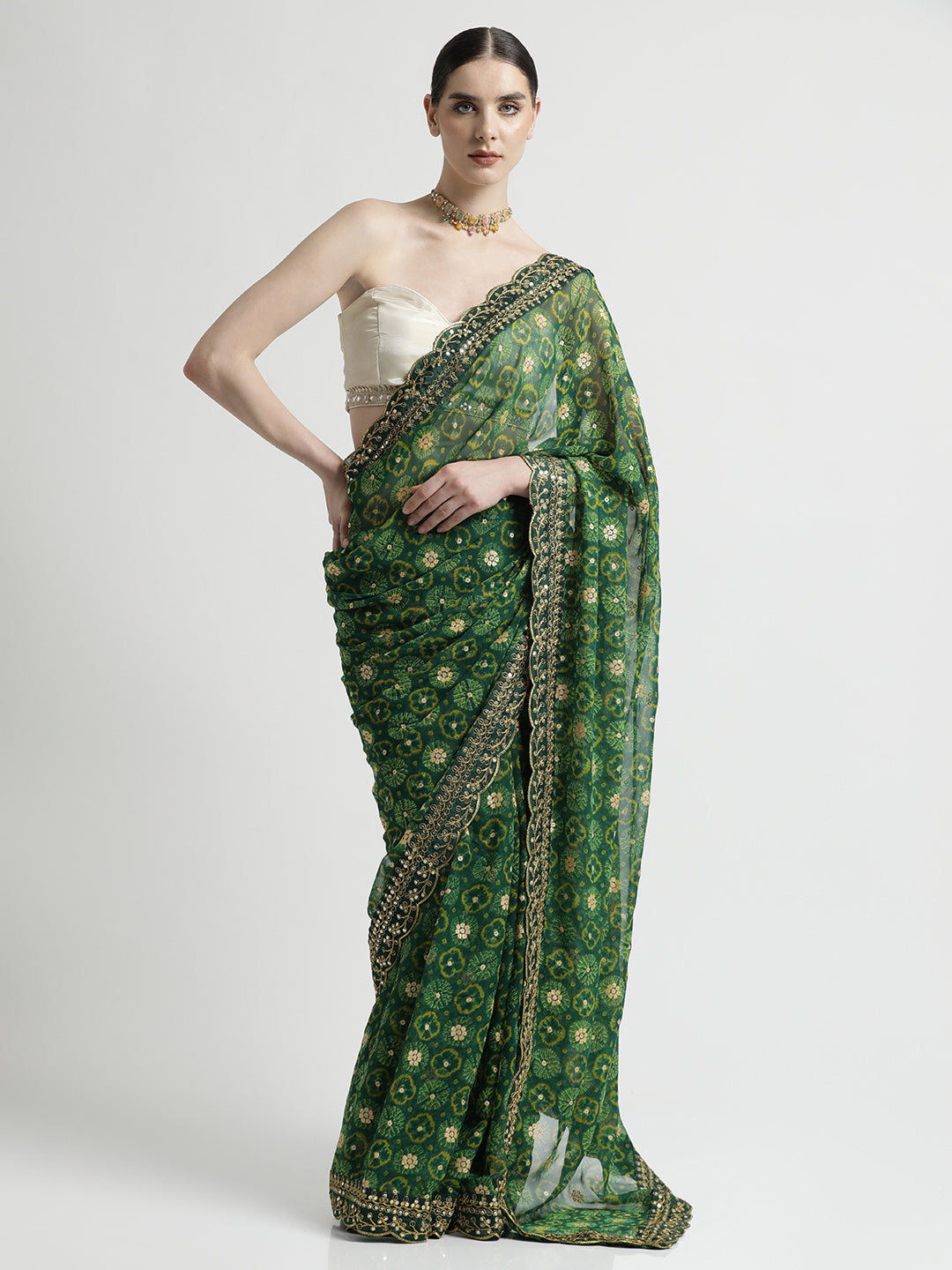 Green Foil Printed Embroidered Pure Georgette Saree