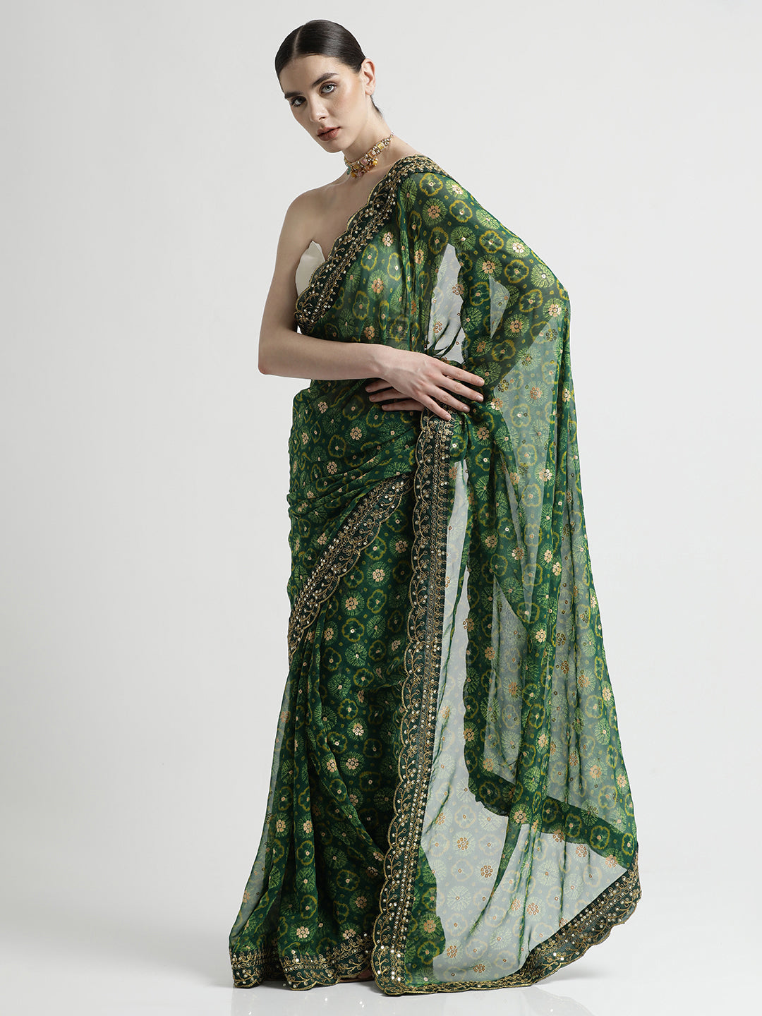 Green Foil Printed Embroidered Pure Georgette Saree