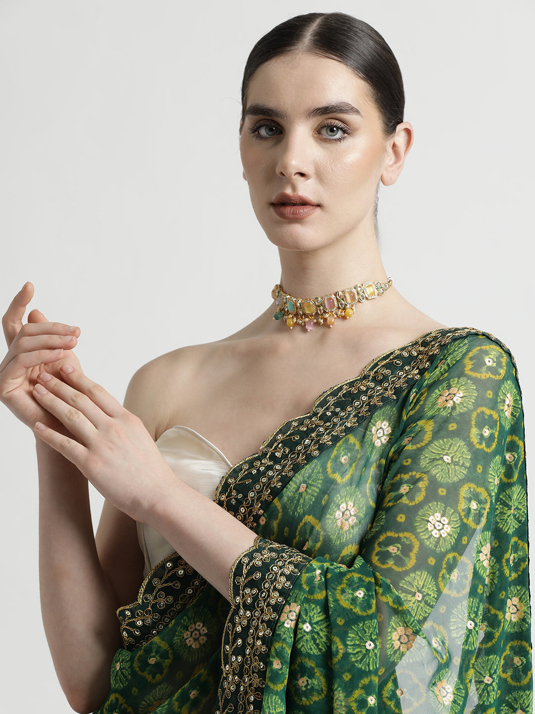 Green Foil Printed Embroidered Pure Georgette Saree