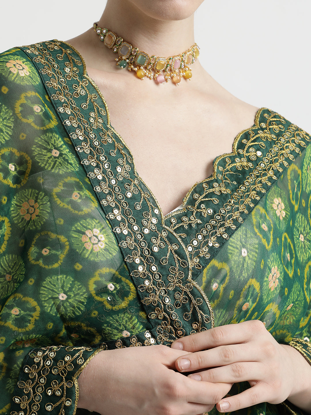 Green Foil Printed Embroidered Pure Georgette Saree