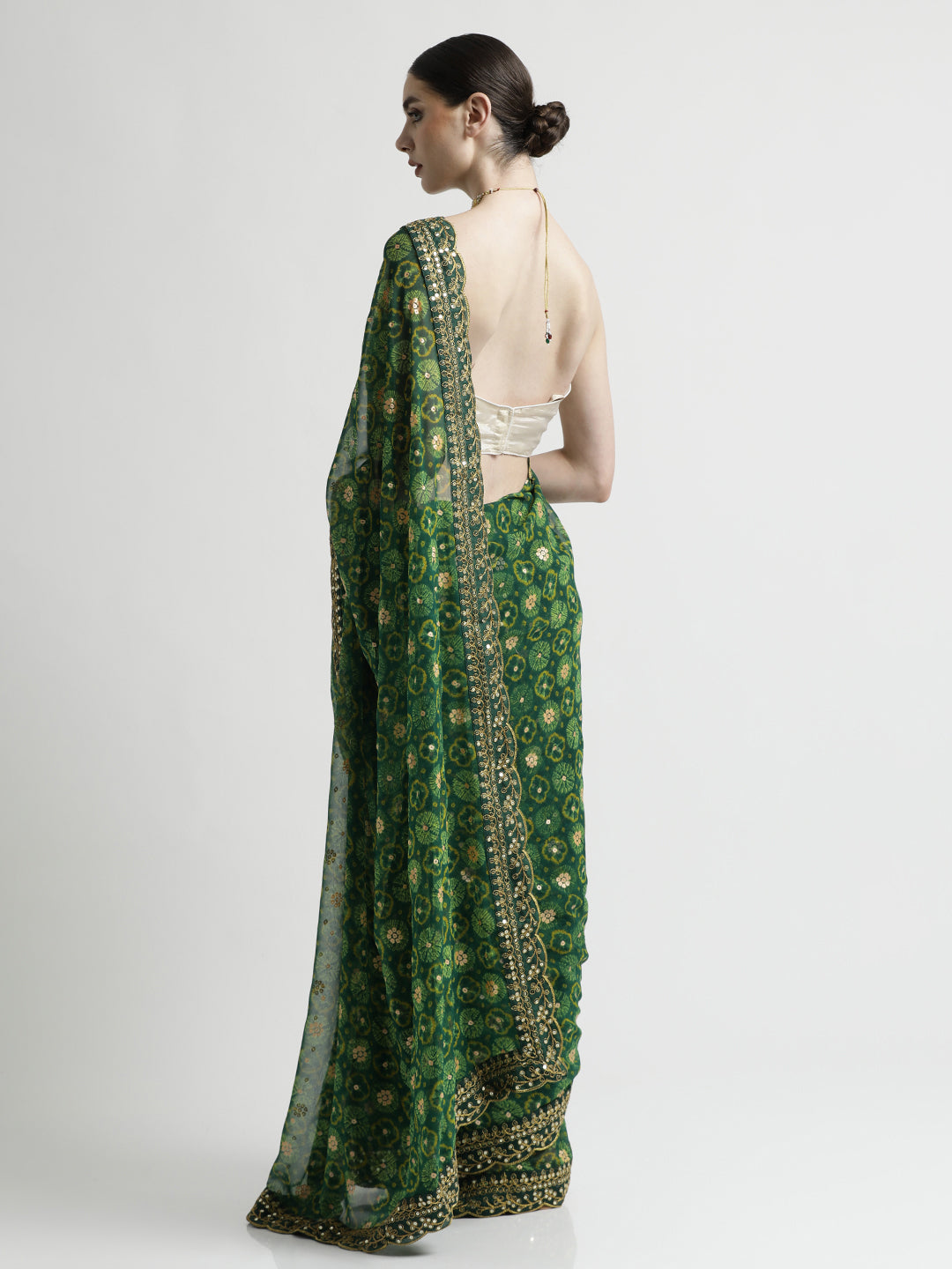 Green Foil Printed Embroidered Pure Georgette Saree