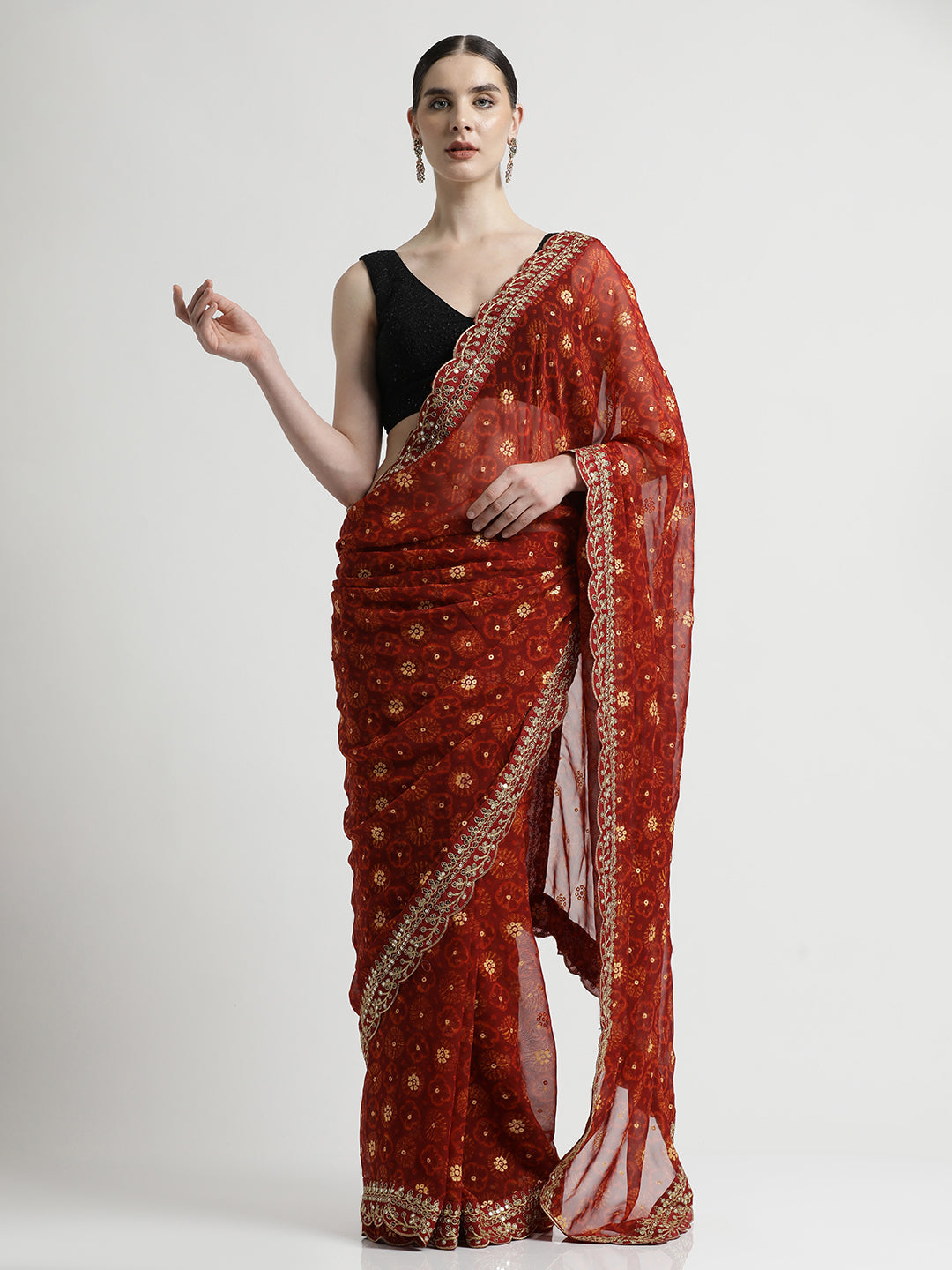 Red Foil Printed Embroidered Pure Georgette Saree