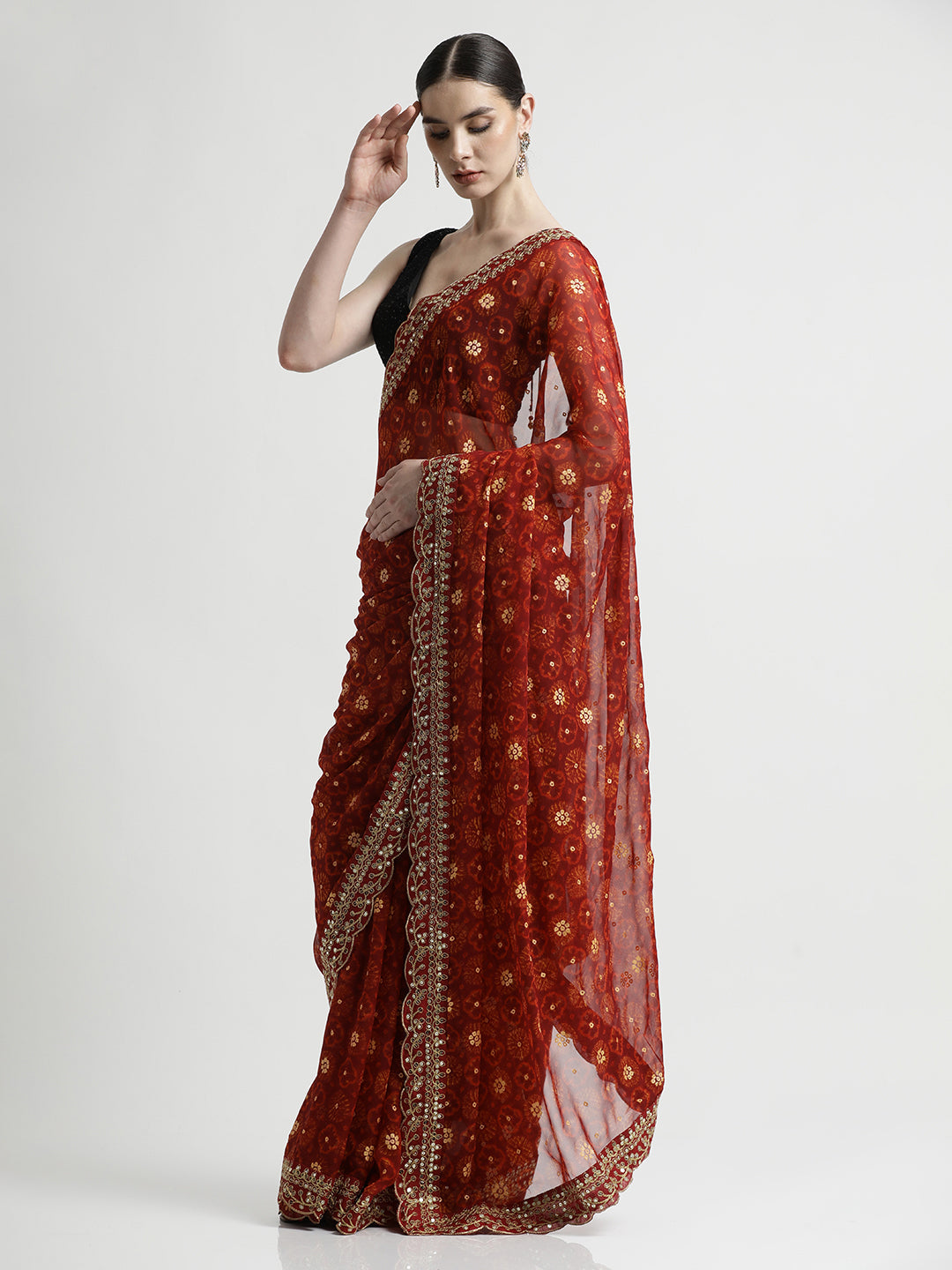 Red Foil Printed Embroidered Pure Georgette Saree