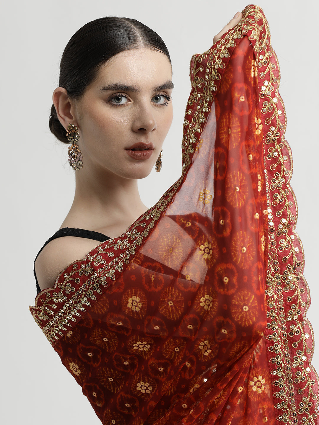 Red Foil Printed Embroidered Pure Georgette Saree