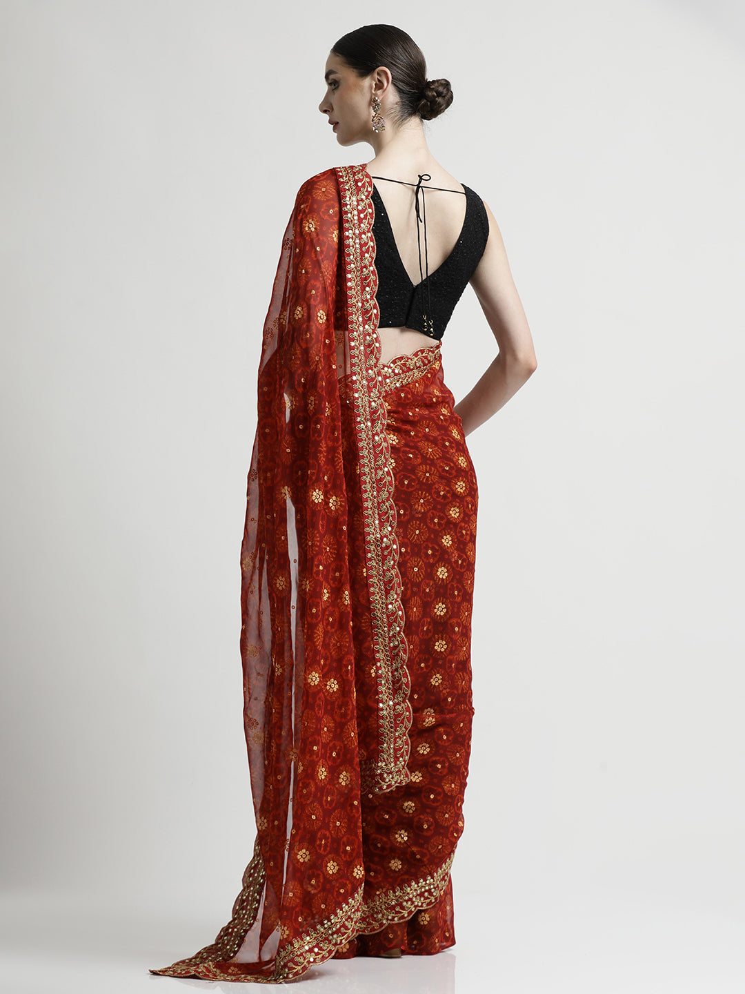 Red Foil Printed Embroidered Pure Georgette Saree