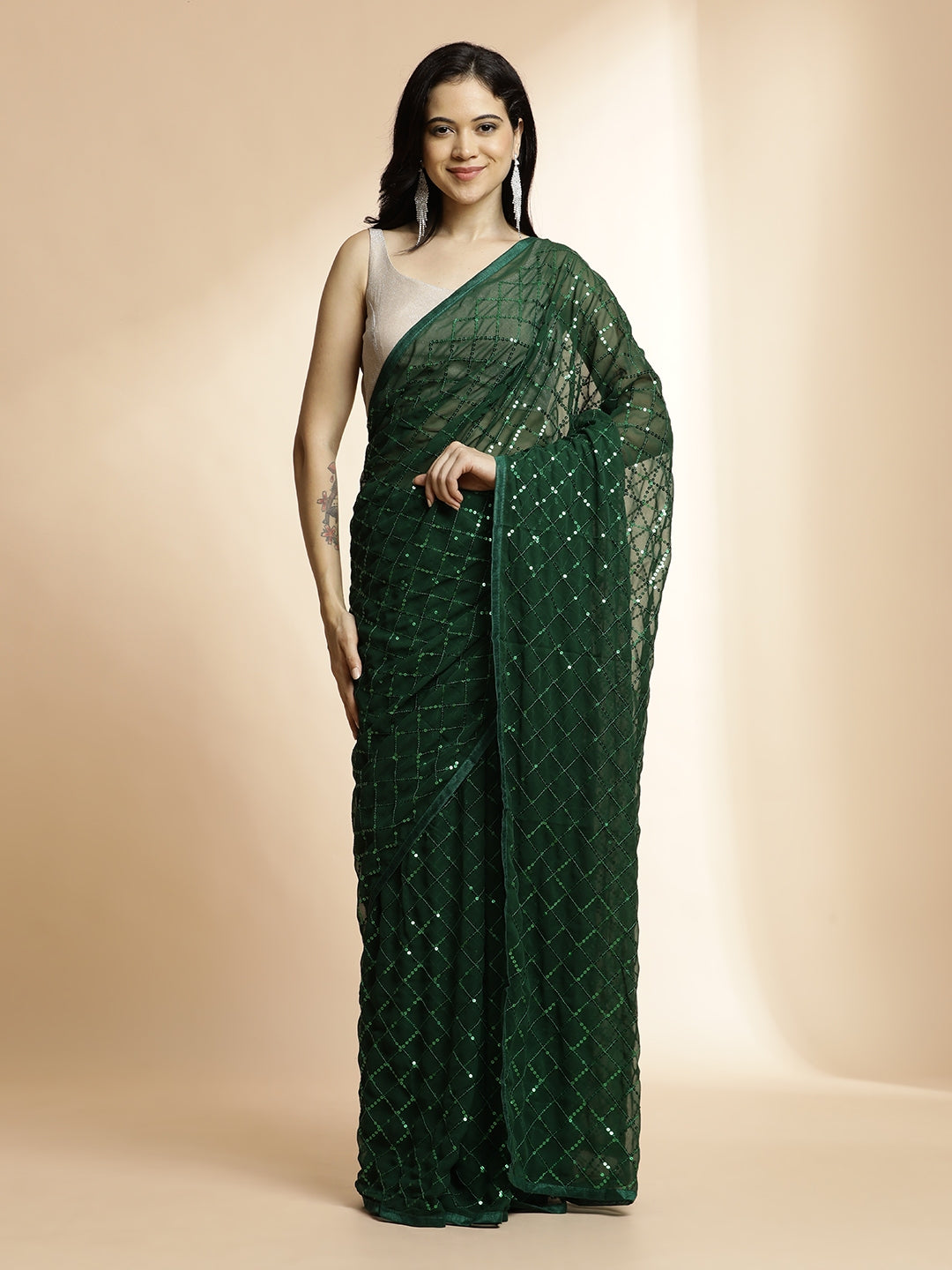 Green Pure Georgette Party Wear Sequin Work Saree