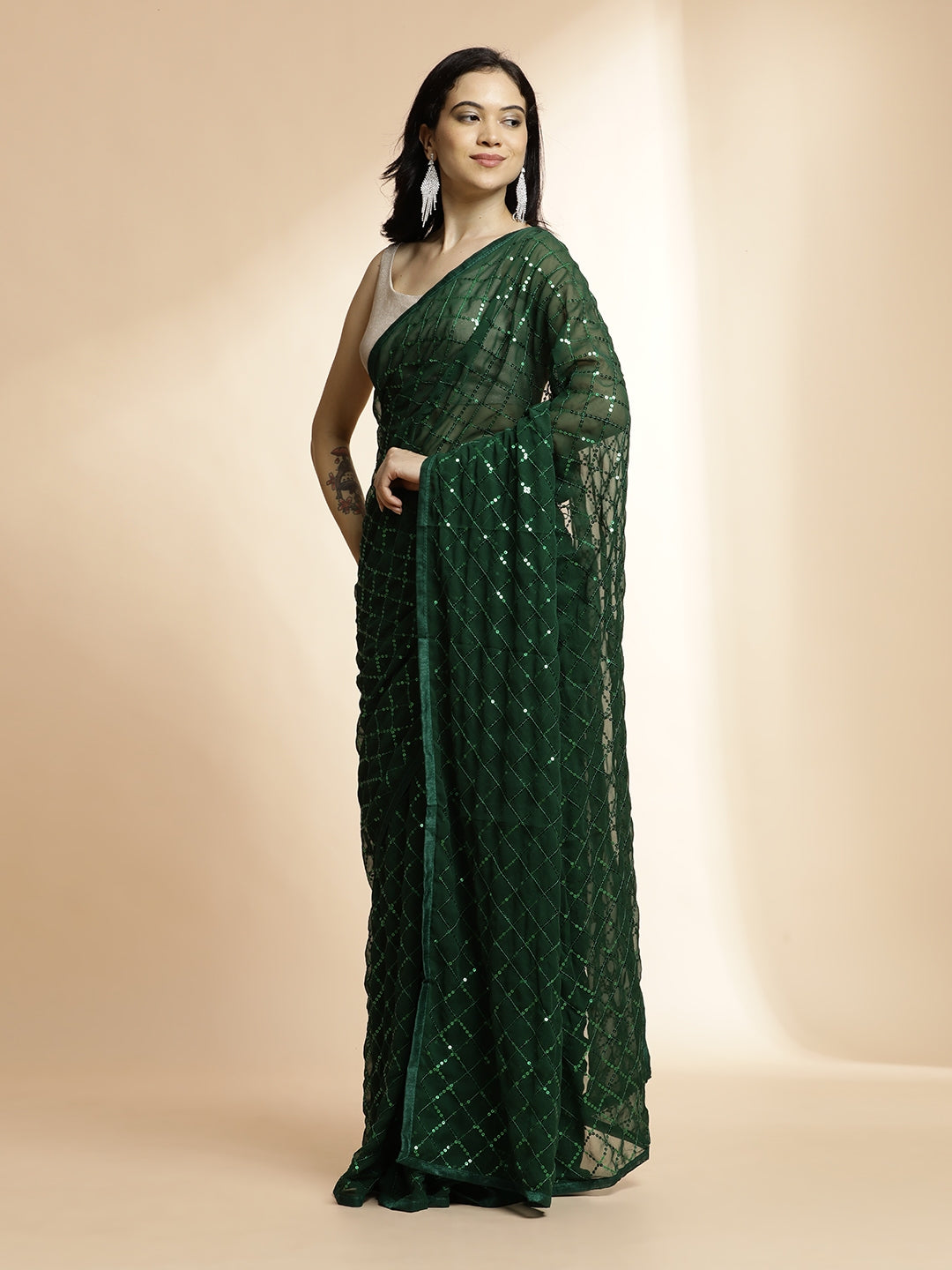 Green Pure Georgette Party Wear Sequin Work Saree