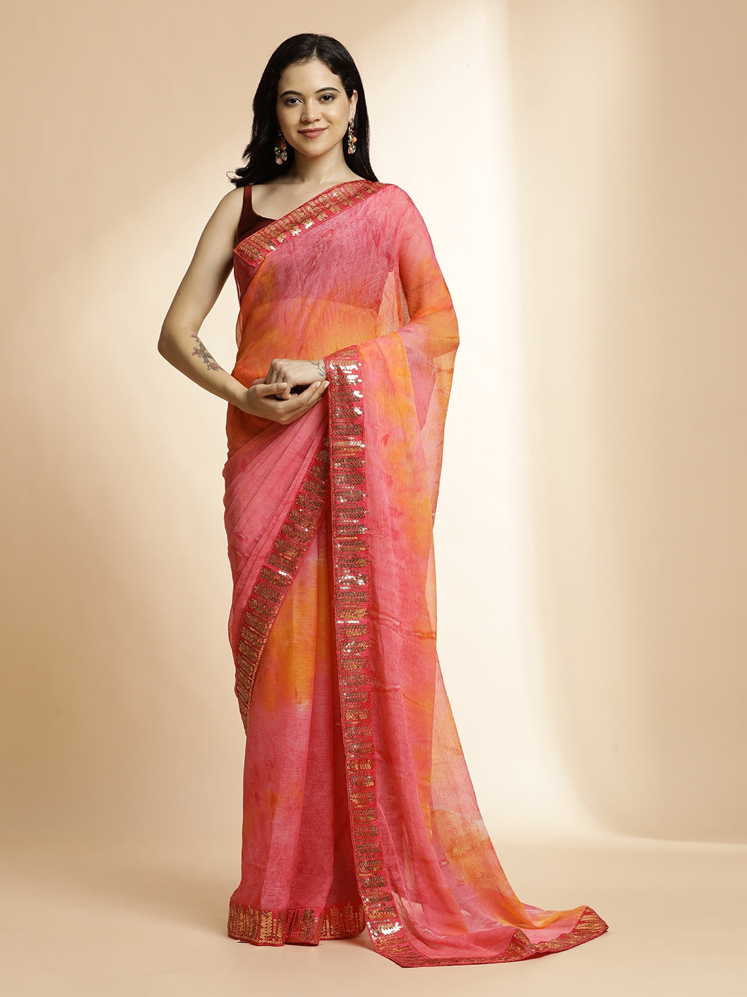 Poly Chiffon Printed Sequinned Red Saree