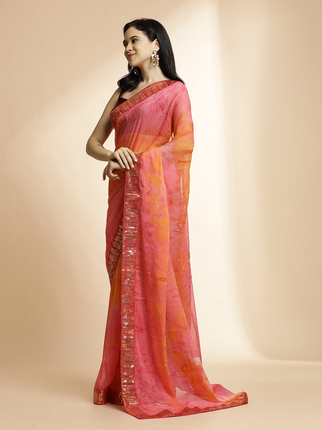 Poly Chiffon Printed Sequinned Red Saree