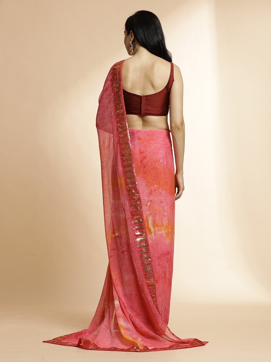 Poly Chiffon Printed Sequinned Red Saree