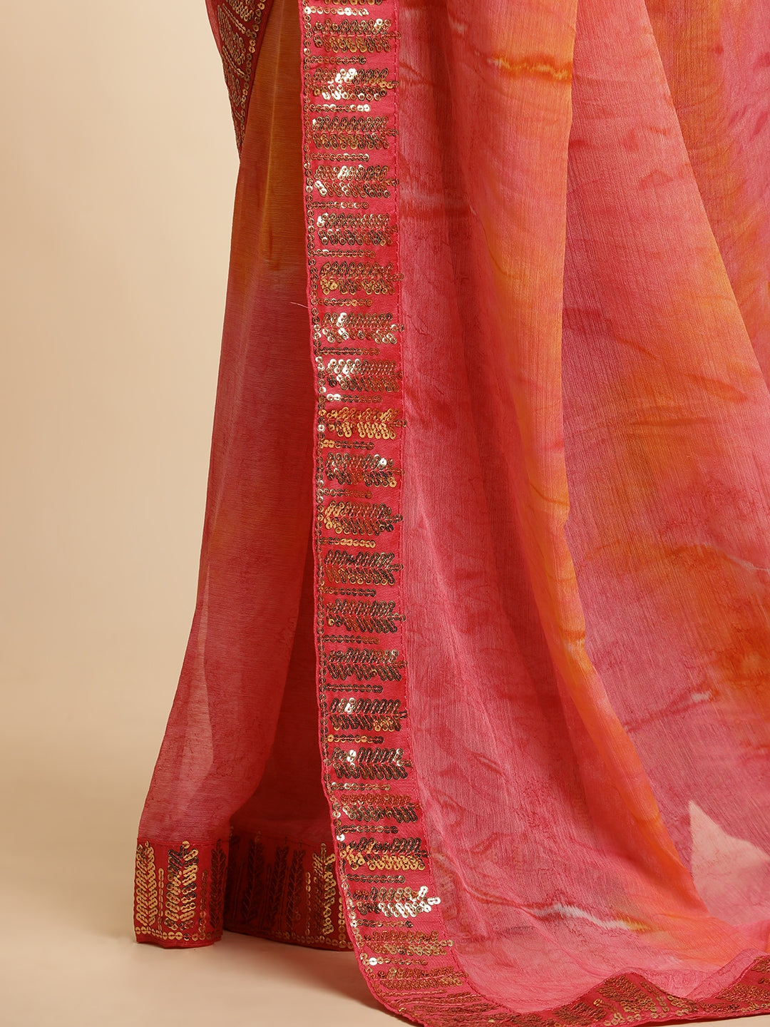 Poly Chiffon Printed Sequinned Red Saree