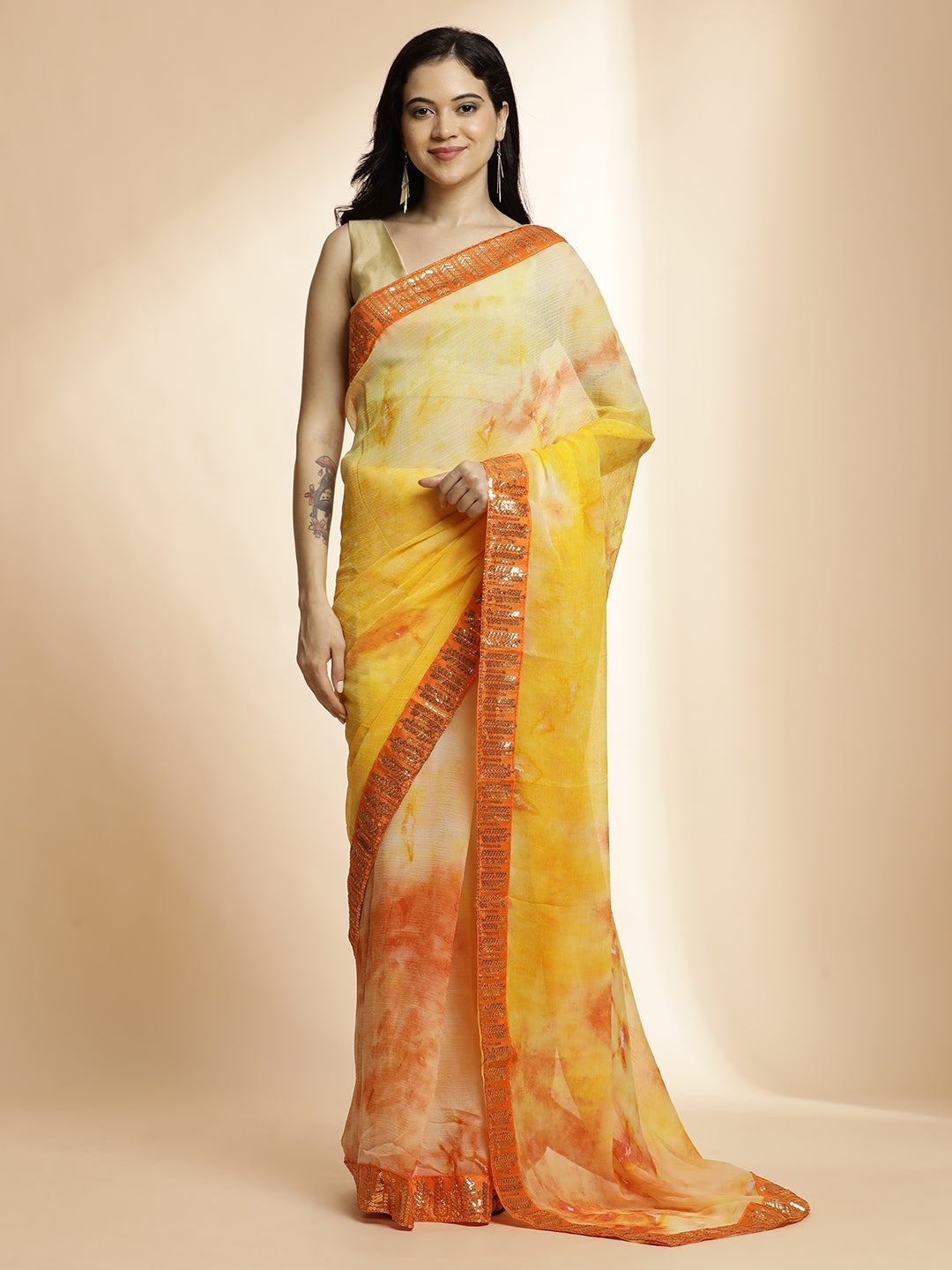 Poly Chiffon Printed Sequinned Orange Saree