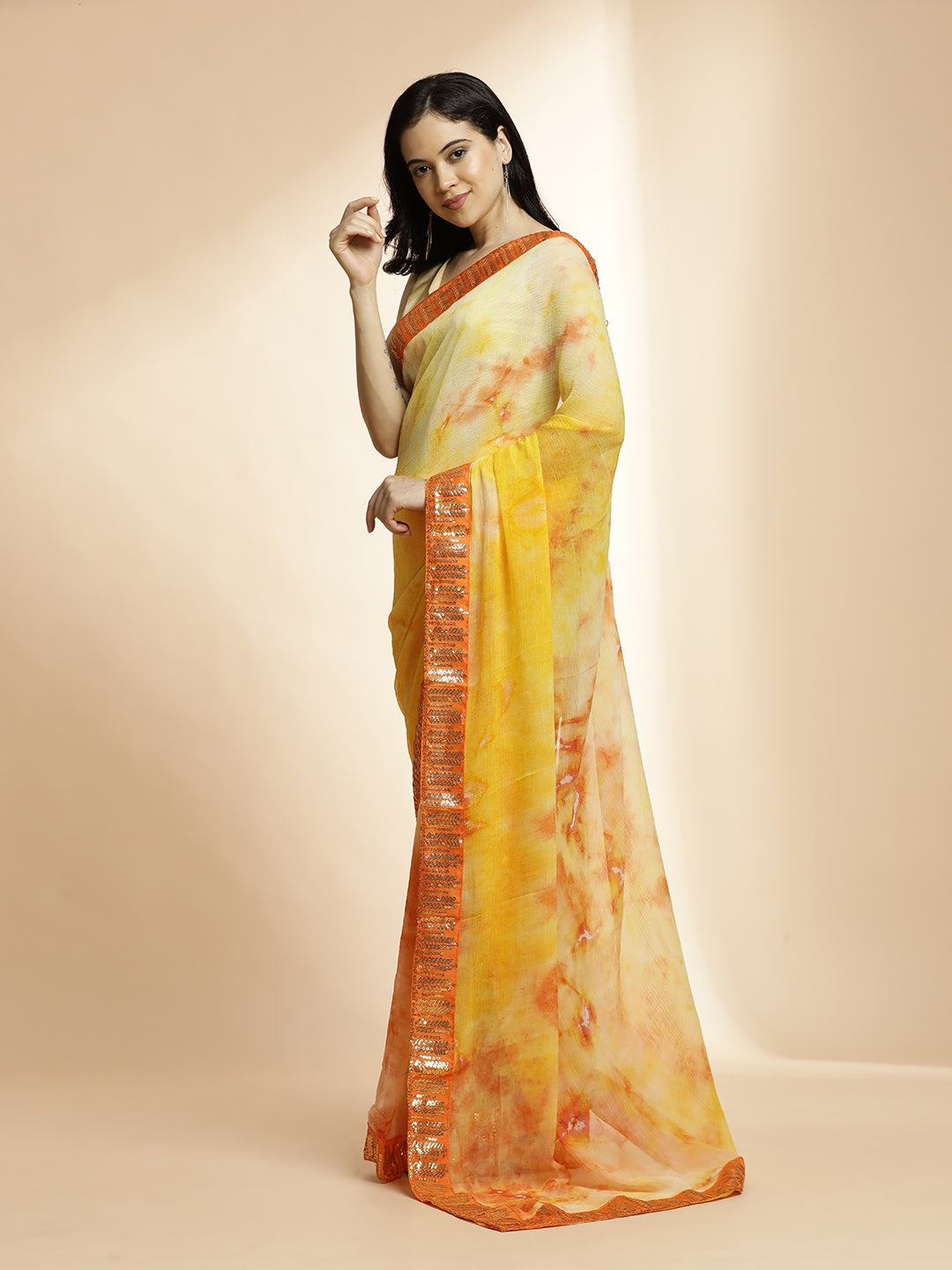 Poly Chiffon Printed Sequinned Orange Saree