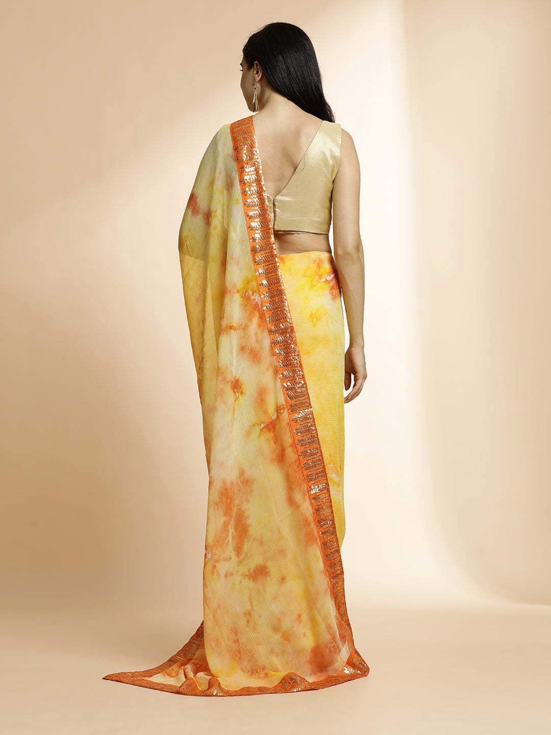 Poly Chiffon Printed Sequinned Orange Saree