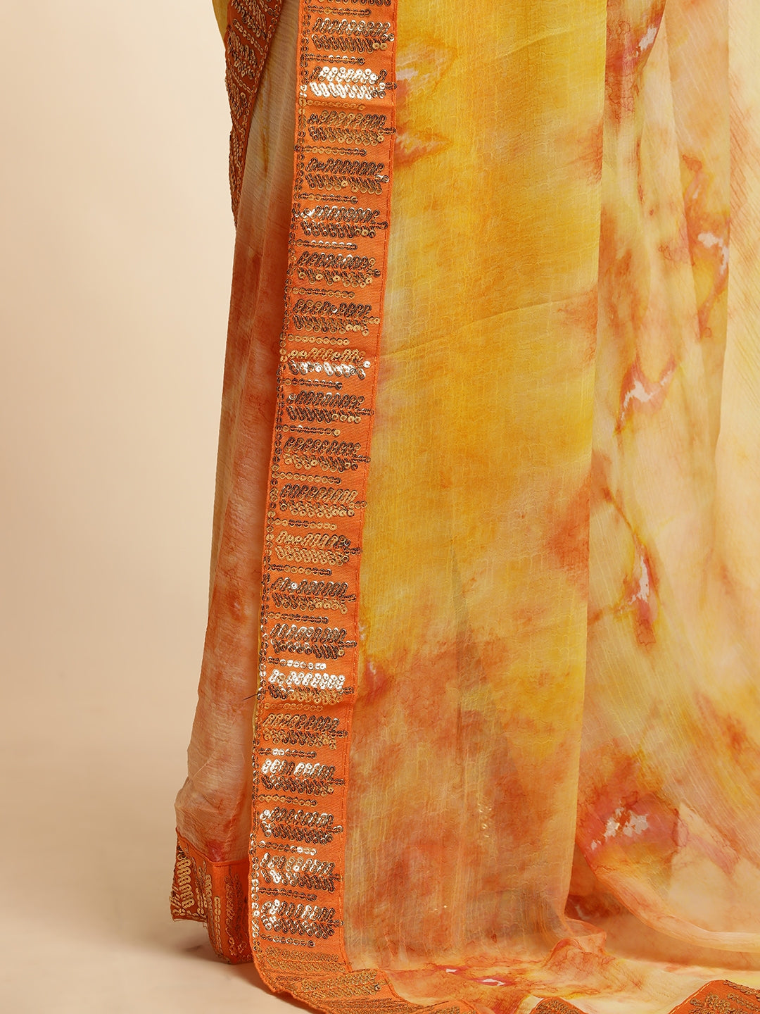 Poly Chiffon Printed Sequinned Orange Saree