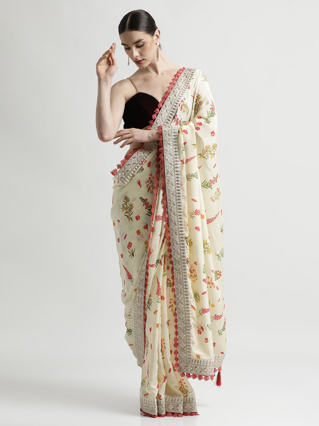 Off White Fancy Chinon Printed With Embroidered Lace Saree